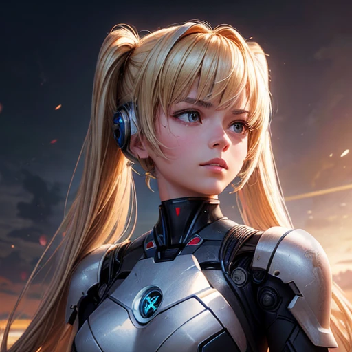 Super beautiful face, Mechanical body: 1.5, Online world background: 1.5, 19 years old, 150mm, Long Hair, Beautiful studio soft light, Vivid details, Beautiful background, Octane Rendering, 8k, highest quality, masterpiece, An illustration, So determined and beautiful, Very detailed, CG, Unity , wallpaper, (Realistic, photo-Realistic: 1.37), wonderful, In detail, Learning, highest quality, Official Art, Very detailed CG Unity 8k wallpaper, robot, whole body, whole body shooting, Sitting Twin tails Blonde Has a beam saber