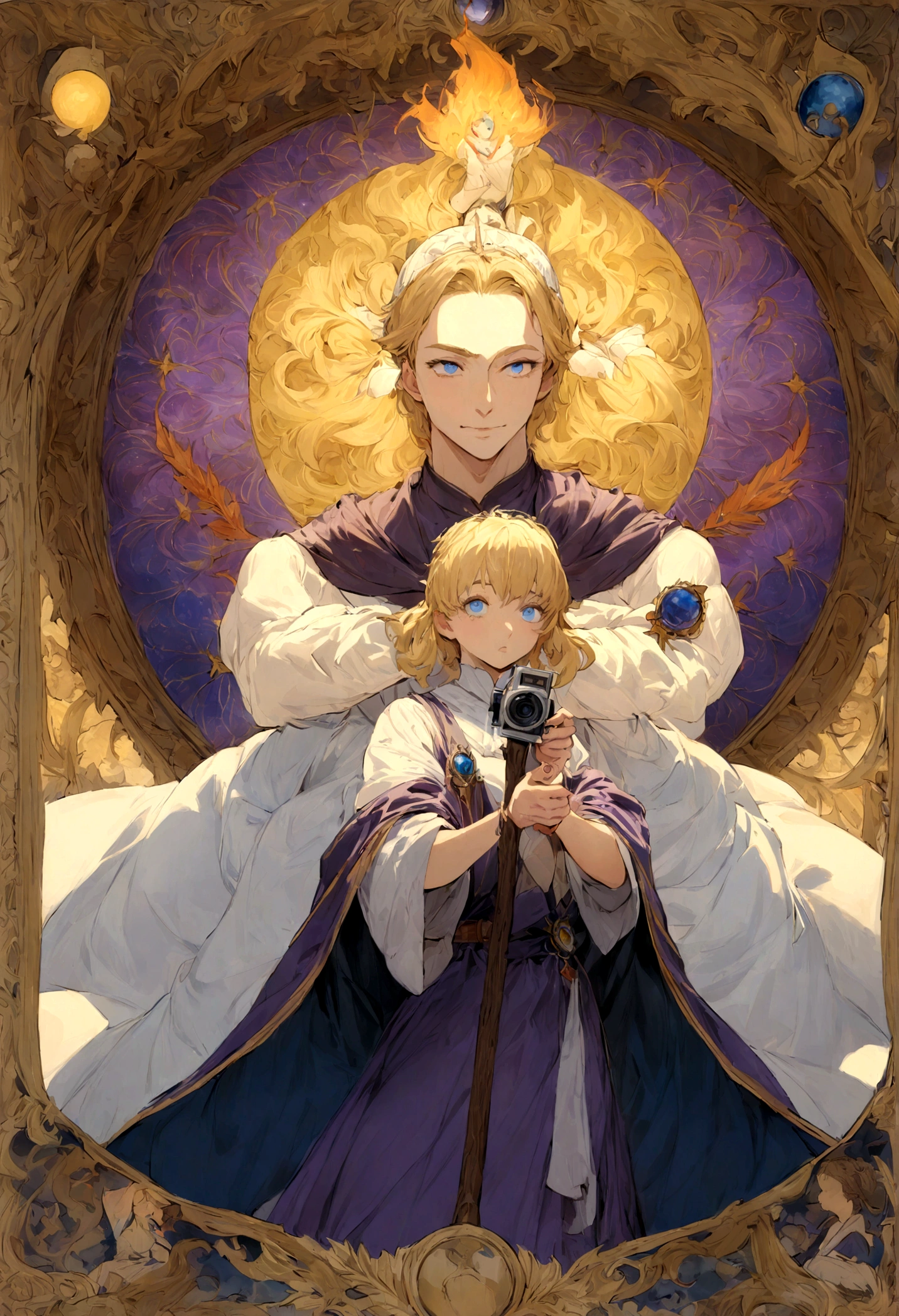 (absurdress, hight resolution, overdetalization), 1 male, grown up, cutest, tall muscular guy, wide shoulders, Detailed eyes and detailed face, beating magic, Winding flame, (Masterpiece, Side light, Fine Beautiful Eyes: 1.2), HDR, (Glowing blue Eyes)), Handsome short-haired man, yellow blond hair, musculature, Sateen, a handsome, facing the camera, Masterpiece Fool \tarot\, bard, clown, Symbolism, visual art, occultism, Universal, Vision Casting, Philosophical, Iconography, Divination by numbers, Popularity, an artistic, by Alphonse Mucha, sexuality , Hogwarts uniform purple color , Magic Staff