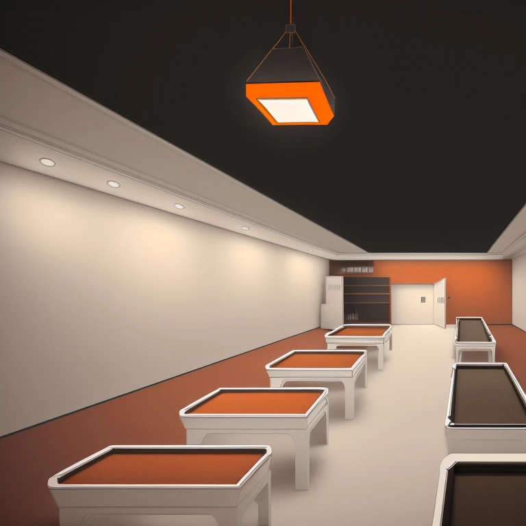 The interior of a billiard hall,two point perspective,Billiard Hall Rendering,Space length 37 meters,Width 9 meters,Height 3.5 meters,(Dark grey geometric)carpet,There is a door directly ahead;There is a service bar at the left corner to the door,吧台后面有一个rectangle的冰柜,Lockers,In the middle of the room(Two rows)Billiard table,A row(horizontal)Billiard table,A row(vertical)Billiard table,There are beige walls on the left and right sides.,The walls are surrounded by(Orange)Leather seats and(Black marble)Square tea table;The interior top is surrounded by(White)Spotlight,The top middle is(Hanging down)(rectangle)chandelier,chandelier的灯光照射在Billiard table上,(Real-life scenarios)(Vision)