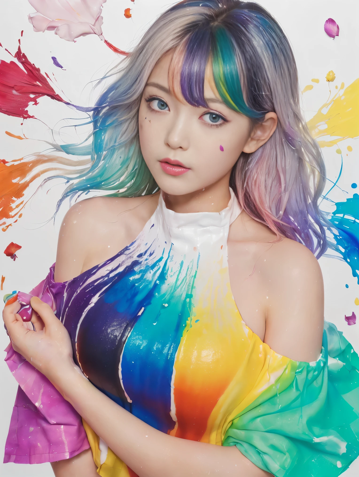 (Pink Fashion T-Shirt:1.9),(colorfulな髪: 1.8), (All the colors of the rainbow: 1.8),(((((vertical painting:1.6))), (painting:1.6),front, comics, figures, paintings, Big eyes, Clear eyes,( Rainbow gradient high ponytail:1.7), Exquisite makeup, Mouth closed,(Small Fresh: 1.5),(Wipe the chest: 1.6) ,Long eyelashes, White off-the-shoulder T-shirt, White shoulder shirt,Looking at the audience, Big teary eyes, (Rainbow Hair:1.6), カラーsplash, (alone:1.8), カラーsplash, An explosion of colors, thick paint style, Messy Lines, ((The Shining)),(colorful), (colorful), (colorful), colorful, Thick paint Style, (splash) (Color splash), Vertical painting, Upper Body, paint splash, Acrylic Pigments, Slope, paint, Best image quality, highest quality, masterpiece, alone, Depth of written boundary, Face paint, colorful clothes, (elegant: 1.2), nice,Long Hair, Wind, (elegant: 1.3), (petal: 1.4),(((masterpiece))),(((highest quality))),((Super detailed)),(figure),(Dynamic Angle),((floating)),(paint),((Disheveled Hair)),(alone),(One girl) , (((Detailed anima face))),((Beautifully detailed face)),collar,Exposing shoulders,Gray Hair, ((colorful hair)),((Striped Hair)),Beautiful fine details,(Slope color eyes),(((colorful eyes))),(((colorful background))),(((High chroma))),(((surrounded by colorful splashes))),