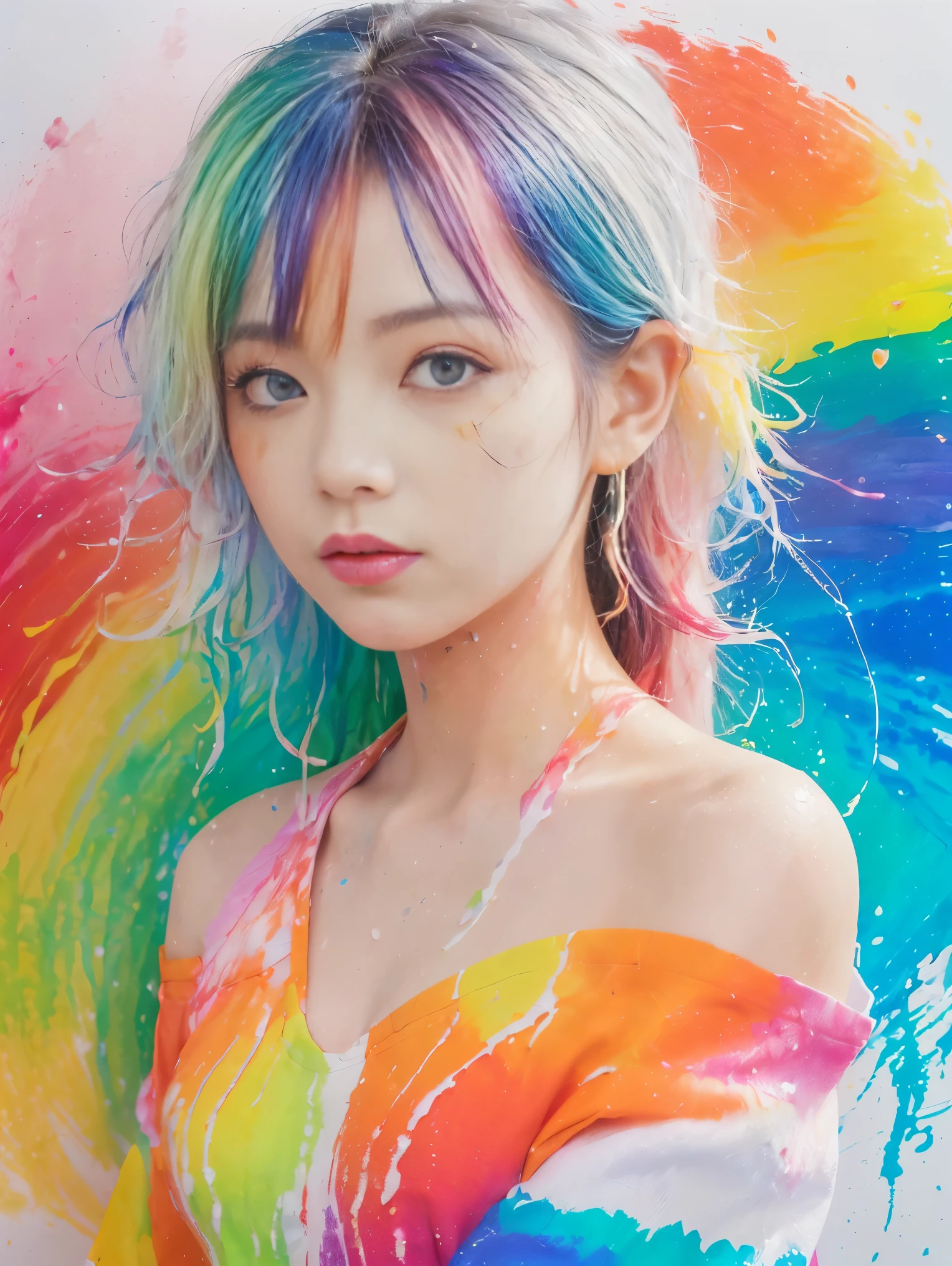 (Pink Fashion T-Shirt:1.9),(colorfulな髪: 1.8), (All the colors of the rainbow: 1.8),(((((vertical painting:1.6))), (painting:1.6),front, comics, figures, paintings, Big eyes, Clear eyes,( Rainbow gradient high ponytail:1.7), Exquisite makeup, Mouth closed,(Small Fresh: 1.5),(Wipe the chest: 1.6) ,Long eyelashes, White off-the-shoulder T-shirt, White shoulder shirt,Looking at the audience, Big teary eyes, (Rainbow Hair:1.6), カラーsplash, (alone:1.8), カラーsplash, An explosion of colors, thick paint style, Messy Lines, ((The Shining)),(colorful), (colorful), (colorful), colorful, Thick paint Style, (splash) (Color splash), Vertical painting, Upper Body, paint splash, Acrylic Pigments, Slope, paint, Best image quality, highest quality, masterpiece, alone, Depth of written boundary, Face paint, colorful clothes, (elegant: 1.2), nice,Long Hair, Wind, (elegant: 1.3), (petal: 1.4),(((masterpiece))),(((highest quality))),((Super detailed)),(figure),(Dynamic Angle),((floating)),(paint),((Disheveled Hair)),(alone),(One girl) , (((Detailed anima face))),((Beautifully detailed face)),collar,Exposing shoulders,Gray Hair, ((colorful hair)),((Striped Hair)),Beautiful fine details,(Slope color eyes),(((colorful eyes))),(((colorful background))),(((High chroma))),(((surrounded by colorful splashes))),