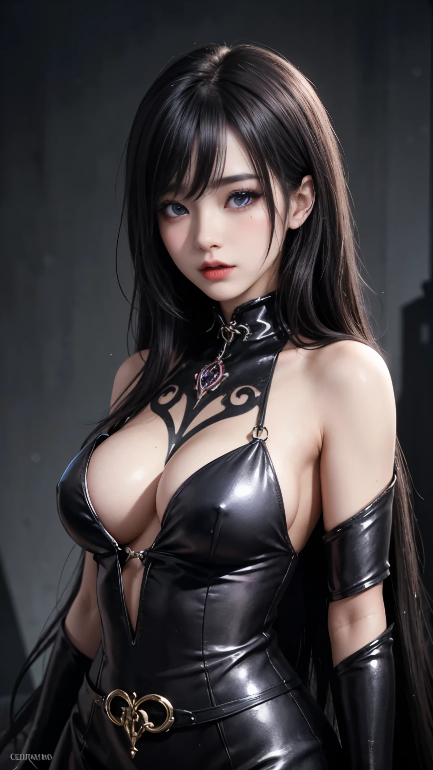 girl, Dark Necromancer, Evil look, Necromancer Dress, Wield a wand, y, Small breace Paint, Body Paint, Dark aura, Very detailed, Vibrant appearance, Creative Action, Imaginative, Sensual, Voluntary, highest quality, Skin Texture, Intricate details, (Cinema Lighting), RAW Photos, 8k、Noir paint Extreme close-up of a powerful magician, A witch in a shiny black dress (Exposing shoulders), Hourglass Shape, Curvy, Cleavage, longg black hair, Goth Makeup, Rich dark red lips, I want to kiss, In-person audience, View Viewer, Captivate the audience with magic, Very detailed顔, Captivating blue eyes, Genuine, Symmetric, High detail, highest quality, Spirit Body, Chaotic atmosphere, Dark fantasy, ArtJam, 1 Female, Bioluminescent Magical Elements, Clothes, 8k Purple Magic