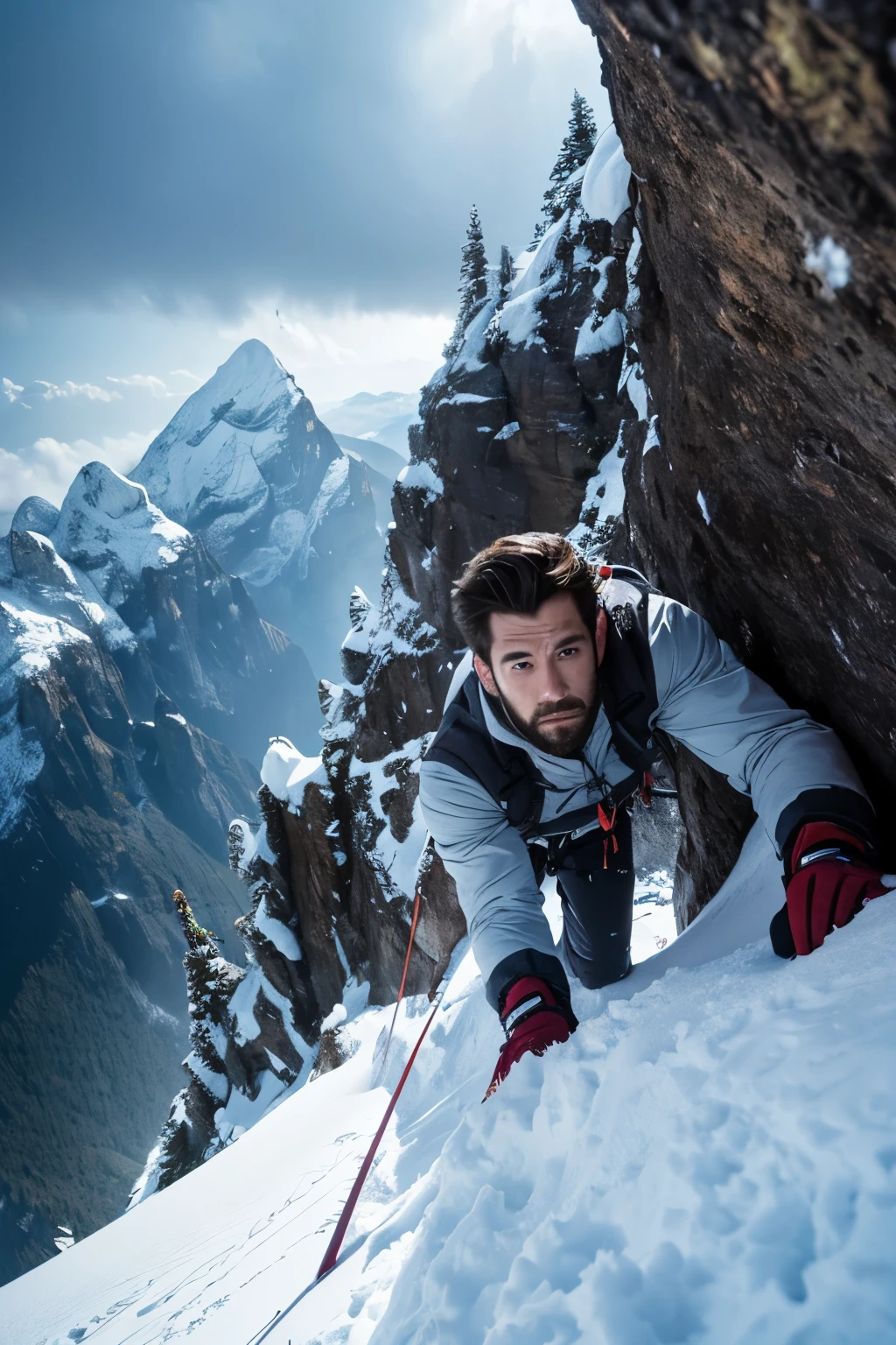 a man climbing a steep mountain cliff, dramatic closeup of face, eyes focused, reaching out to place pitons, epic landscape, dramatic lighting, cinematic, photorealistic, 8k, highly detailed, masterpiece、Snow Mountain、Blizzard、Snow is blowing、全体がSnow Mountain、