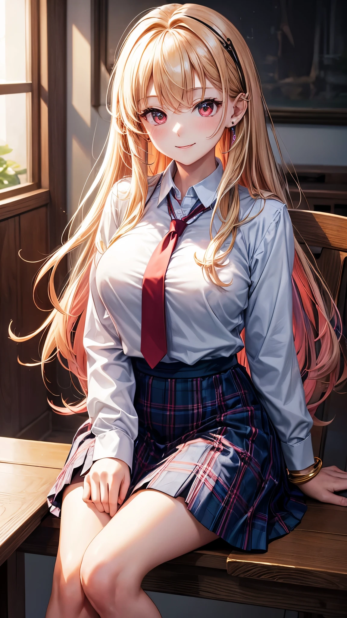 Masterpiece, best quality, high resolution, Kitagawa Marine, blonde hair, long hair, multi colored hair, I have pink tips., red eyes, decorations, Necklace around the neck, white collar shirt, long-sleeved shirt, dark blue tie, blue plaid skirt, short skirt, black stockings, ear piercing, big breasts, Medium waist, Medium hips, The perfect tree, bracelet, Sitting at the table., Cross your legs., smile, see teeth, charming, Wonderful hands., sunset, good light