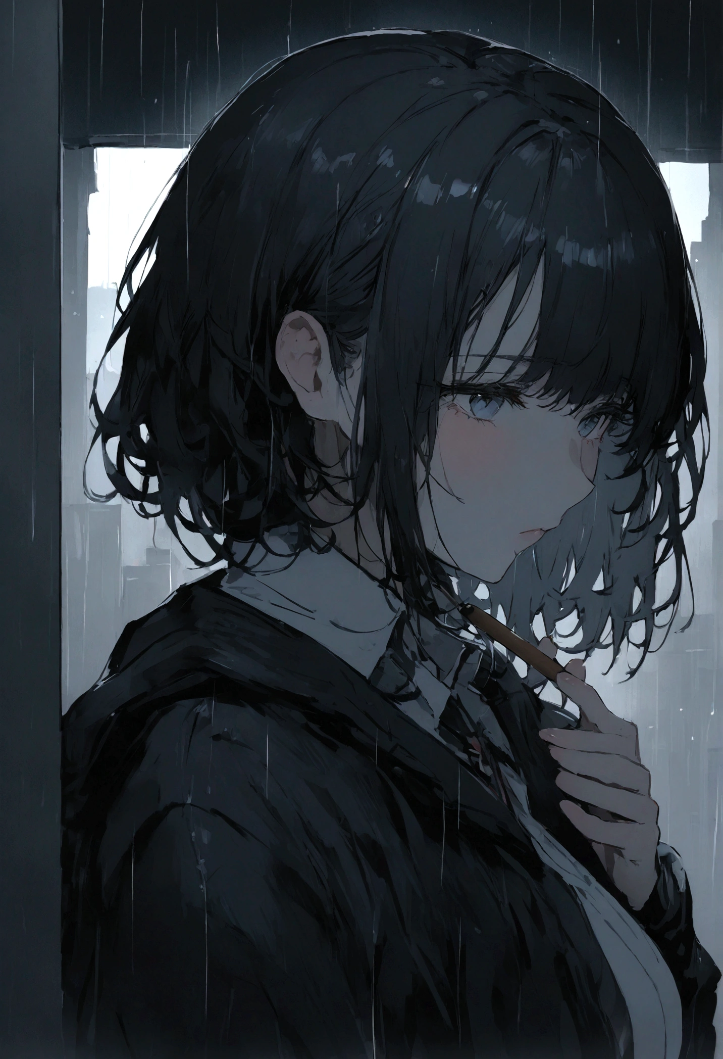 highest quality、masterpiece、tobaccoを吸っている、One Woman、City of night、Simple Background、rain、Being Calm、tobacco