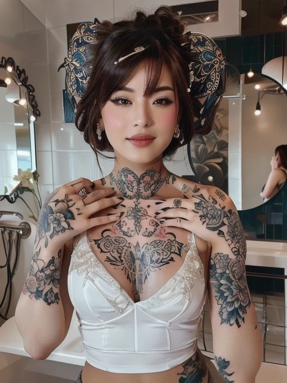 arafed woman have a tattoo taking a selfie in a bathroom, ink, Beautiful and detailed, both body and face, The body is covered with flower tattoos., fully have a tattoo body, Realistically beautiful upper body, have a tattoo, Complex upper body, Tattoos all over the skin, Arm tattoo on her right arm, have a tattoo, Neck tattoo, Ladies Details, Tattoo the whole body., full body tattoo