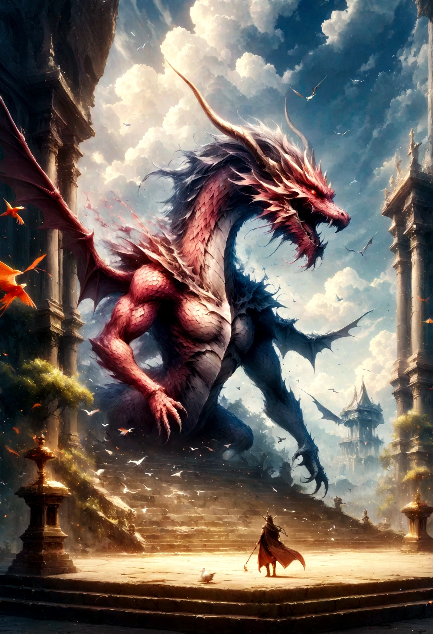 BJ_Sacred_bdong,red_eye,Outdoor,horn,null,cloud,no_human,bird,cloudy_null,scenery,stage,Fantasy,Dragon,Dragon,Cinema Lighting,Strong contrast,High level of detail,highest quality,masterpiece(レッドDragon:1.5)