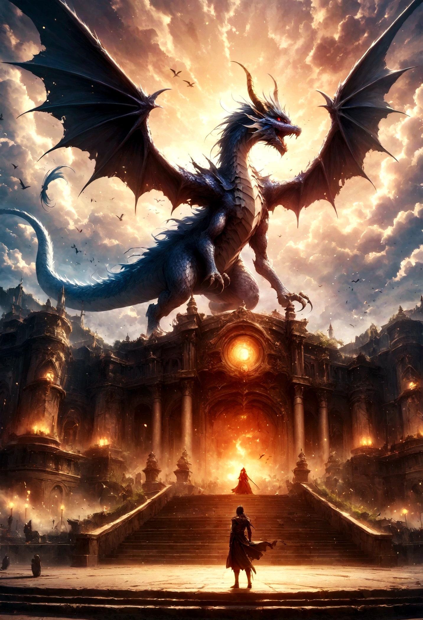BJ_Sacred_bdong,red_eye,Outdoor,horn,null,cloud,no_human,bird,cloudy_null,scenery,stage,Fantasy,Dragon,Dragon,Cinema Lighting,Strong contrast,High level of detail,highest quality,masterpiece(レッドDragon:1.5)