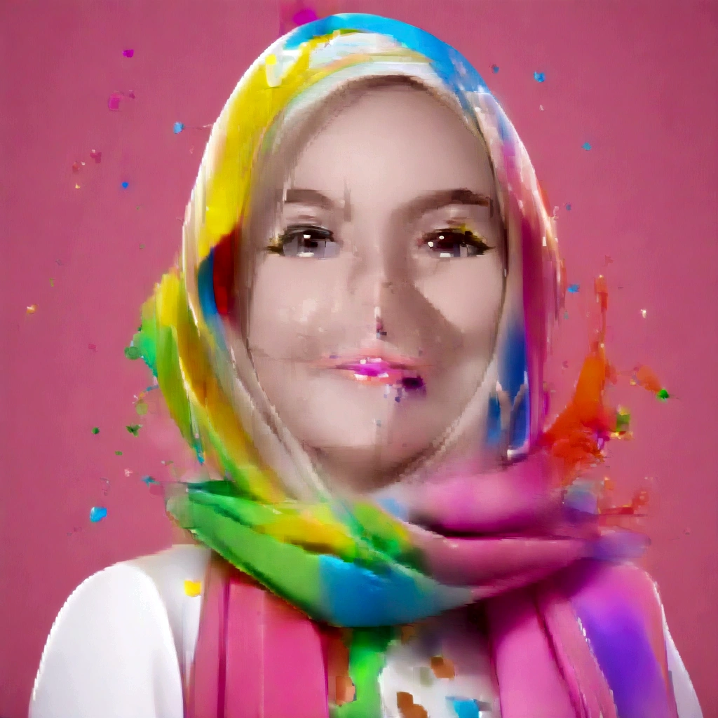 (Masterpiece, Best Quality, High Resolution), White Background, ((Paint Splash, Color Splash, Splash of Ink, Color Splash)), Sweet Brazil Girl hijab, Rainbow Hair, Pink Lips, Front, Upper Body, hijab, front look