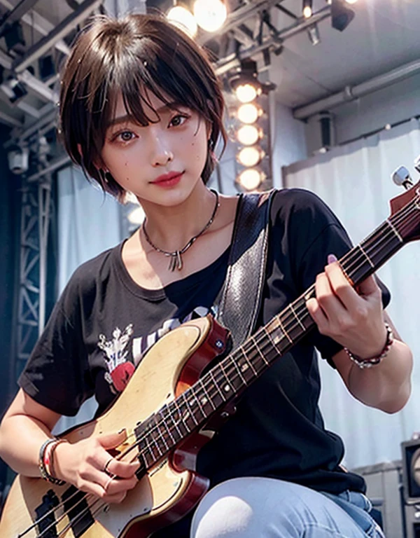 ((highest quality))、(masterpiece:1.4)、RAW Photos、8k、((Best image quality))、 ((High resolution))、Beautiful face in every detail、Realistic human skin、Gentle expression、(One Woman:1.0)、Realistic、Photorealistic、(Playing the bass guitar:1.3)、(on stage:1.3)、((perform at a live concert))、Stand microphone、Wristband、bracelet、Earrings,((Young women respect her))、(Live Music)、(concert)、She has many fans、rock band、(((Short Hairstyles:1.2))),(boyish:1.3)、(((Mannish 1.2)))、(Beautiful Hair)、((Dark brown hair))、(((Red cheeks)))、(Big eyes:1.0)、40 years old、(Her face is small:1.5 )、Small Head、((Long neck))、White skin、Immaculate skin、With bangs、Everyone praises、((8 heads))、(necklace)、(Music Festival:1.4)、(((blue sky)))、(((Outdoor))),singer、(concert t-shirt)、smile、(Larger clothes:1.3),tall,((Strong eyes:1.3)),(Muscular:1.2),Above the knees image,((eye shadow)),(punk)