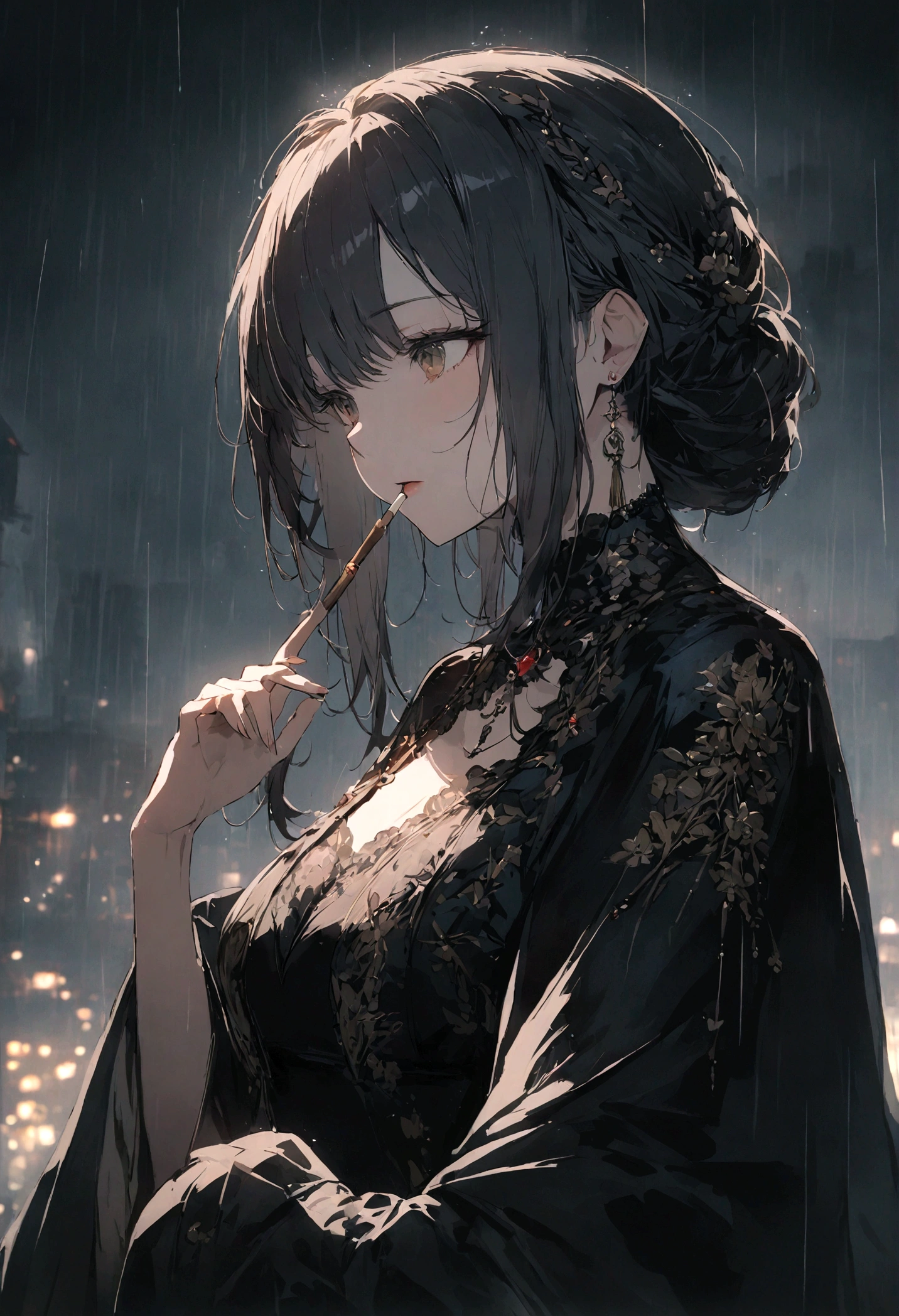 highest quality、masterpiece、tobaccoを吸っている、One Woman、City of night、Simple Background、rain、Being Calm、tobacco