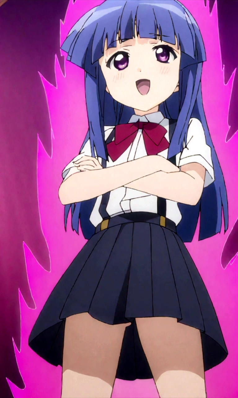 score_9,score_8, score_8_up, BREAK 1girl, solo, furude rika, (tween), kawaii, blue hair, purple eyes, long hair, blunt bangs, bangs, simple background, white background, bow, skirt, shirt, suspenders, smile, short sleeves, pleated skirt, white shirt, open mouth, :d, red bow, facing viewer, ^_^, suspender skirt, , black skirt, collared shirt, blush, bowtie, blunt bangs, dress shirt,masterpiece, best quality, source_anime,anime screencap,anime coloring,standing,mediumshot,aura,crossed arms,