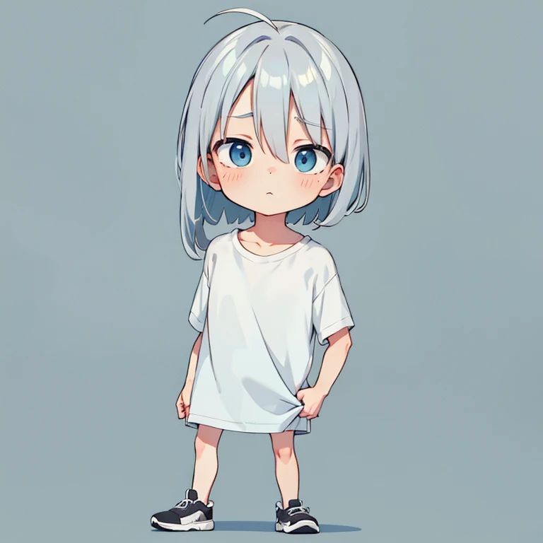 chibi, whole body, big head, sad , light blue eyes and long silver (gray-haired) hair, Very flat chest, gray-green T-shirt on a naked body, sneakers, standing