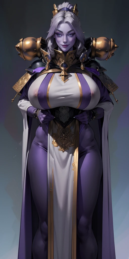 (Triplets)(chest covered)(smile) purple skin, pale golden hair and violet eyes. They prefer clothing of white and silver with cloaks of deep blue or purple, huge knockers ((very precise detailed)) ((high res) plain background