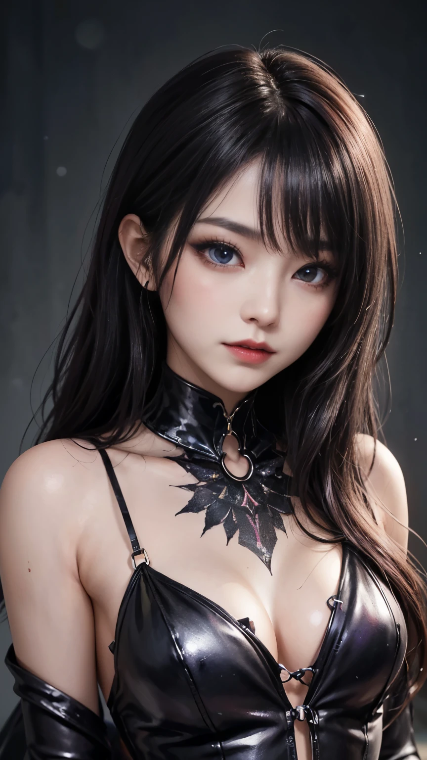 girl, Dark Necromancer, Evil look, Necromancer Dress, Wield a wand, sexy, Small breasts, Face Paint, Body Paint, Dark aura, Very detailed, Vibrant appearance, Creative Action, Imaginative, Sensual, Voluntary, highest quality, Skin Texture, Intricate details, (Cinema Lighting), RAW Photos, 8k、Noir painting, Extreme close-up of a powerful magician, A witch in a shiny black dress (Exposing shoulders), Hourglass Shape, Curvy, Cleavage, long, flowing black hair, Goth Makeup, Rich dark red lips, I want to kiss, In-person audience, View Viewer, Captivate the audience with magic, Very detailed顔, Captivating blue eyes, Genuine, Symmetric, High detail, highest quality, Spirit Body, Chaotic atmosphere, Dark fantasy, ArtJam, 1 Female, Bioluminescent Magical Elements, Clothes, 8k Purple Magic、Esoteric arachnids lady, Spider Queen Elise, League of Legends, Esoteric arachnids, Combat Stance, ( The body is made of metallic mauve and metallic black liquid metallic paint.、It beautifully depicts the female form.。), Long, sharp fangs, nature, ((Complex metallic colors in the foreground)), (( Fluid Mechanics, The most beautiful smooth scale face makeup, Smirking expression)) - Dark blood, Onyxia