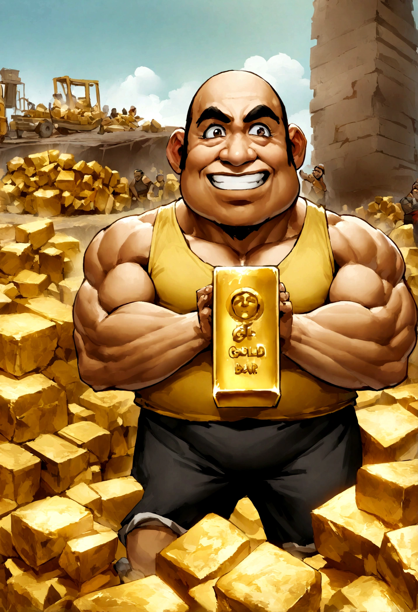 A 4D caricature photography style image of a young-faced, muscular, dwarf Indonesian man holding a very large gold bar and singlet while carrying a white sack and a bucket filled with gold in an area under construction.
