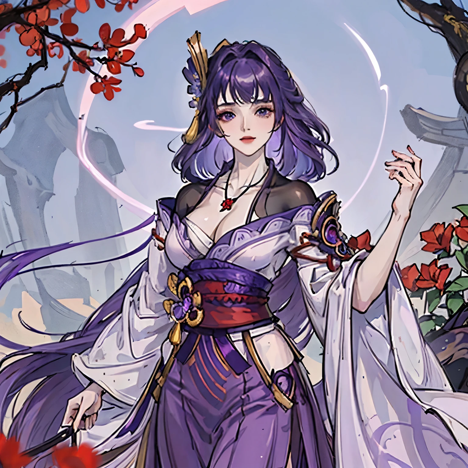Best quality at best, Ultra-high resolution, (((1 girl))), (Long purple hair), (violet eyes), (Chinese clothes), (((Red Flowers necklace around her neck))), (Ultra Long Skirt), Happy,  Hanfu, Yarn, Flowing light yarn, jewelry, (focal), (((Colorful))), particle fx , tmasterpiece, Best quality at best, beautiful painted, meticuloso, highly detailed, (tmasterpiece, Best quality at best） CG unified 8K wallpaper，(( Chinese mansion)), tmasterpiece，Best quality，ultra - detailed）, Super HD picture quality