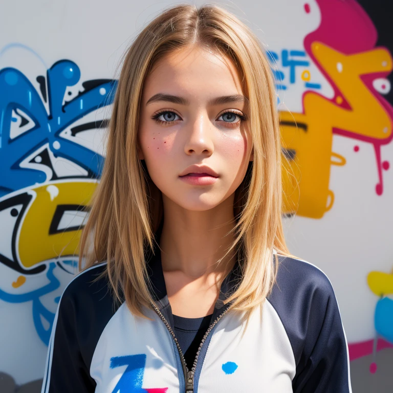 (best quality), masterpiece, extremely detailed CG uniform 8K illustration, high color, extremely high color saturation, all colors deepened, paint, graffiti art, center composition, extremely detailed light and shadow, graffiti wall, wall painted bright, 1 girl graffiti 1 girl looking at the wall, extremely detailed face and eyes, medium length hair, sportswear, colored clouds