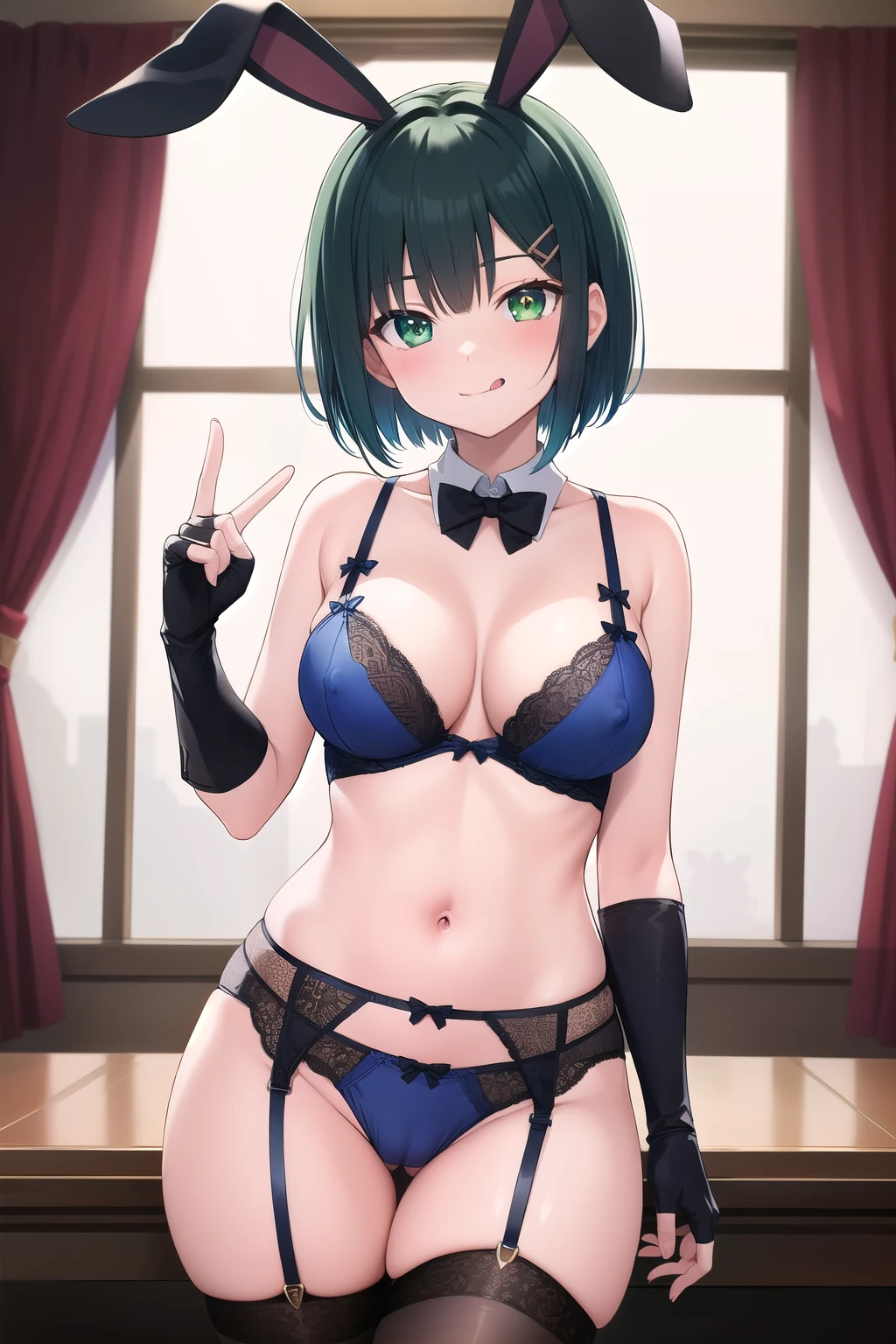 ((Masterpiece, best quality)),edgQuality smiling,smug, edgHL,hentai_lingerie, 1girl, solo, breasts, looking at viewer, blush, smile, short hair, bangs, large breasts, black hair, hair ornament, thighhighs, gloves, bow, navel, animal ears, bare shoulders, closed mouth, underwear, green eyes, blue hair, collarbone, panties, heart, cowboy shot, tongue, black gloves, hairclip, black thighhighs, tongue out, fingerless gloves, star (symbol), bra, rabbit ears, covered nipples, symbol-shaped pupils, black panties, detached collar, fake animal ears, cameltoe, bob cut, lingerie, panty pull, garter belt, :q, +_+, pasties, heart pasties ,wearing edgHL