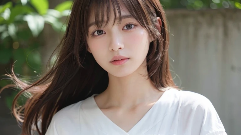 (Long Hair, bangs, Hair flowing in the wind:1.2),(Wearing a blouse:1.2),1 girl,Japanese,21 years old,(Small breasts:1.3),(highest quality,masterpiece:1.3,超A high resolution,),(Ultra-detailed,Caustics),(Photorealistic:1.4,RAW shooting,)Ultra-Realistic Capture,Very detailed,High resolution 16K human skin close-up。 Natural skin texture、,Pores、、It needs to be detailed enough to be easily identifiable。 Skin should be even-toned and healthy looking。 Use natural light and colour, Sad expression, Looking at the camera, Perfect dynamic composition, Outdoor