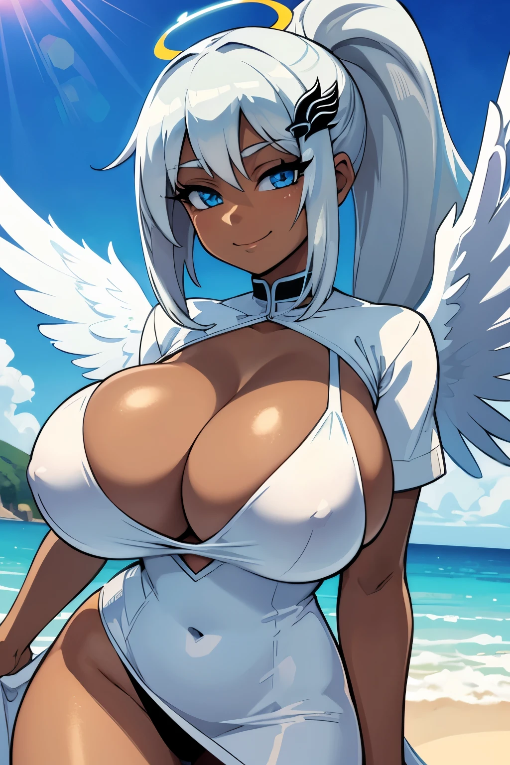 masterpiece, best quality, ultra-detailed, illustration, colorful, flat color, depth of field, lens flare, 1girl, (dark angel), angel wings, nimbus, (black skin), silver hair, blue eyes, ponytail, hair ornament, white dress, anime, closeup, detailed skin texture, beautiful detailed face, seductive smile, alluring attire, gigantic breasts, milf, at beach, cowboy shot, shortstack, halo
