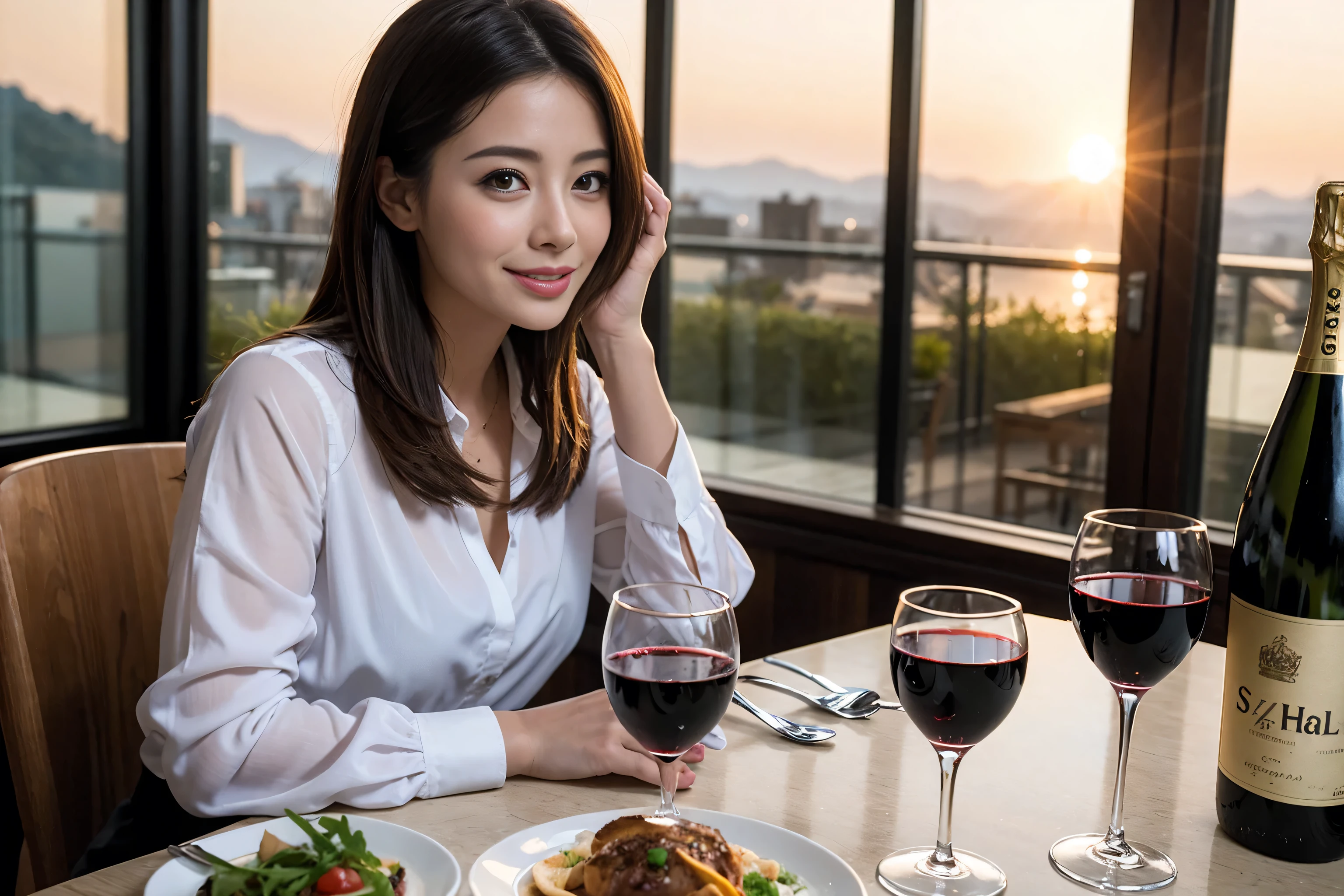 ((highest quality、8k、masterpiece:1.3))、1 male 1 female、Lovers、Satomi Ishihara-like beautiful couple、 (Slim face), (The body is スリム), (Brown Hair), (Shortcuts), ((Bob Hale、Straight hair:1.2)), Wine glass on the table、Please put light on my face、 Amazing view of the sunset sky and clouds、Amazing mountain views、The wonderfulness of smiles、Bright image、Blushing, Shortcuts,Bright Face、 (Age 35), 39 years old, red wine 、Appetizers、Italian food、Wine bottle、Champagne、sparkling wine、Long sleeve shirt、dress、Attractive beauty、restaurant, Nova Frog Style, actress, model, Upper Body, White wine, red wine, wine glass, 