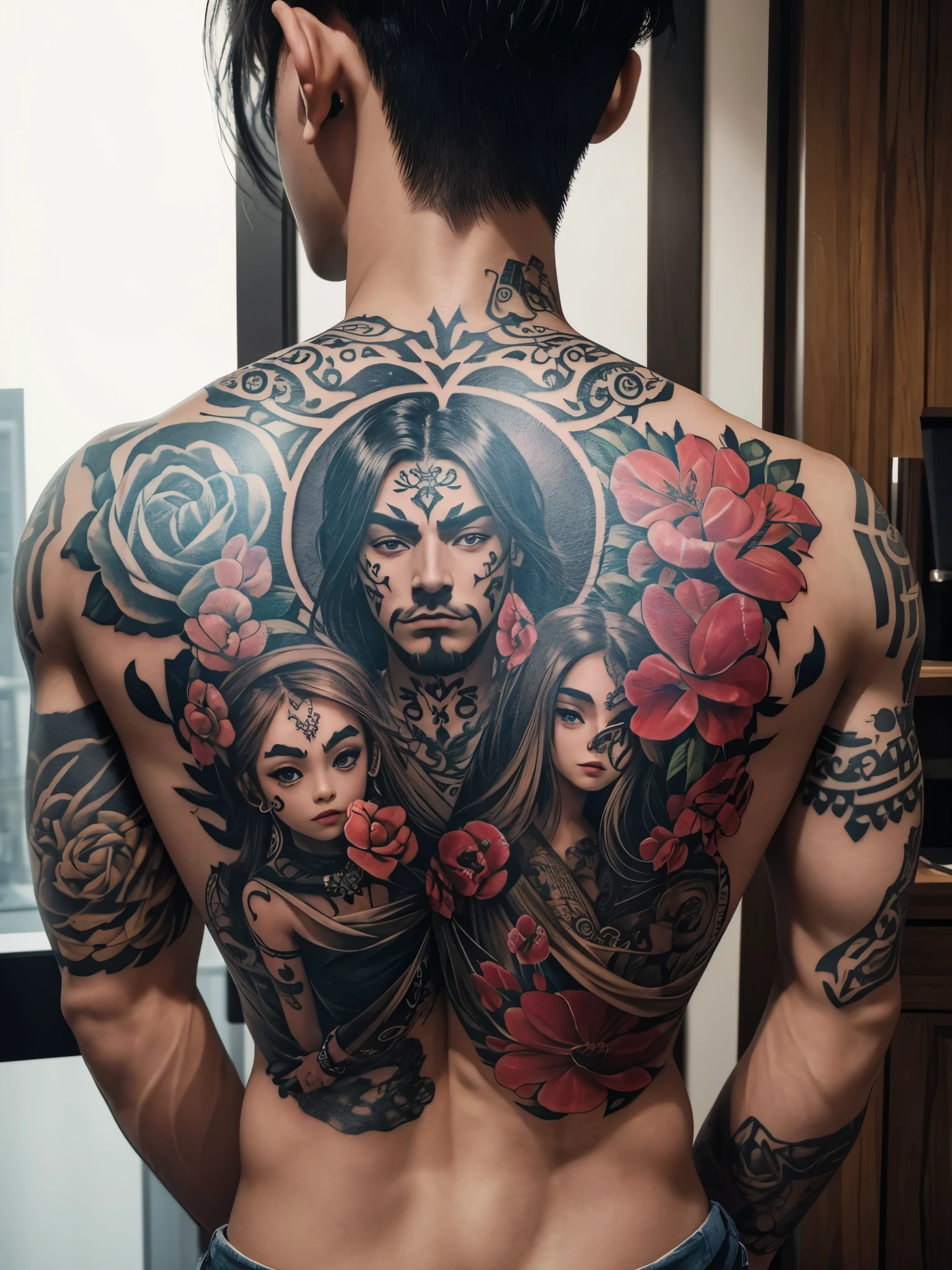 (masterpiece, best quality), best resolution, tattoo of two drama masks on a person's back