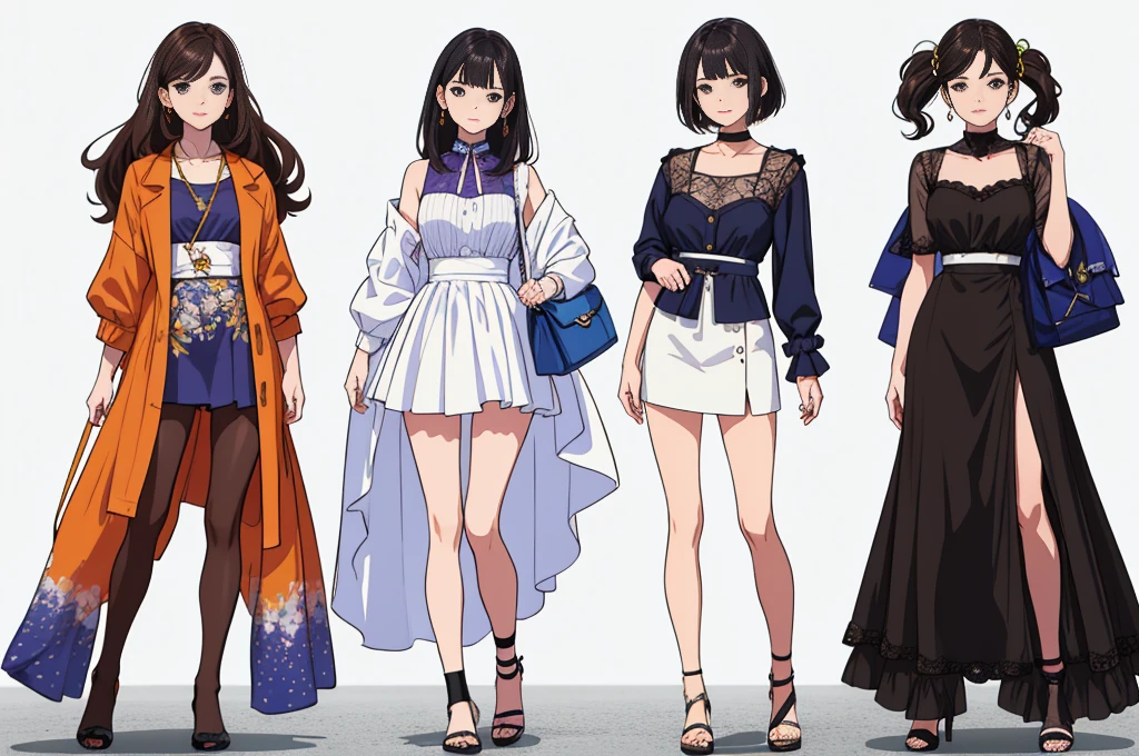 (((Best Quality))) , ((full body)), female, multiple views, white background, variety of hairstyles, variety of fashion styles, seductive pose, fashionable and trendy atmosphere, holding bag, holding iphone,
blue, orange, green, violet, brown, white,