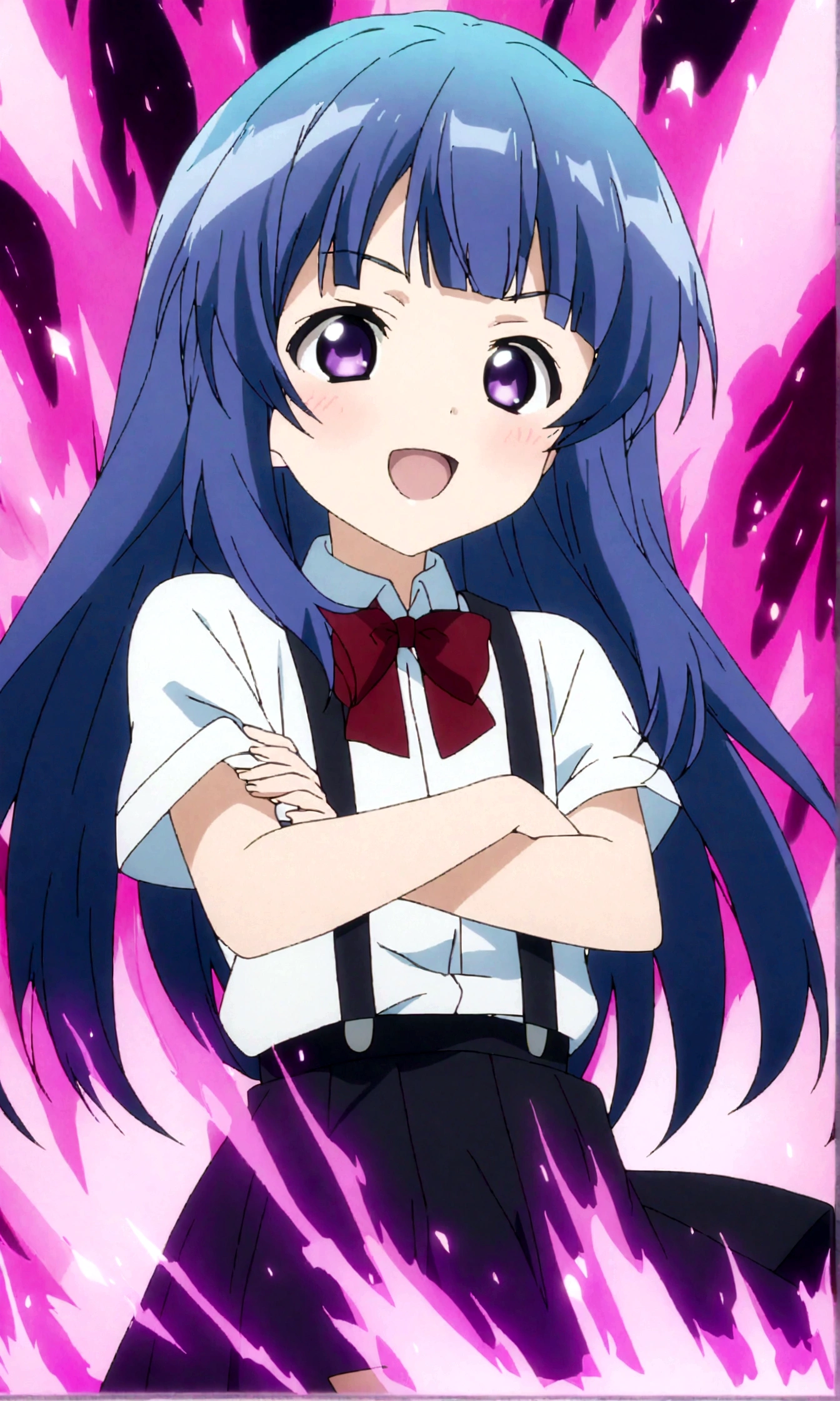 score_9,score_8, score_8_up, BREAK 1girl, solo, furude rika, (tween), kawaii, blue hair, purple eyes, long hair, blunt bangs, bangs, simple background, white background, bow, skirt, shirt, suspenders, smile, short sleeves, pleated skirt, white shirt, open mouth, :d, red bow, facing viewer, ^_^, suspender skirt, , black skirt, collared shirt, blush, bowtie, blunt bangs, dress shirt,masterpiece, best quality, source_anime,anime screencap,anime coloring,standing,mediumshot,aura,crossed arms,
