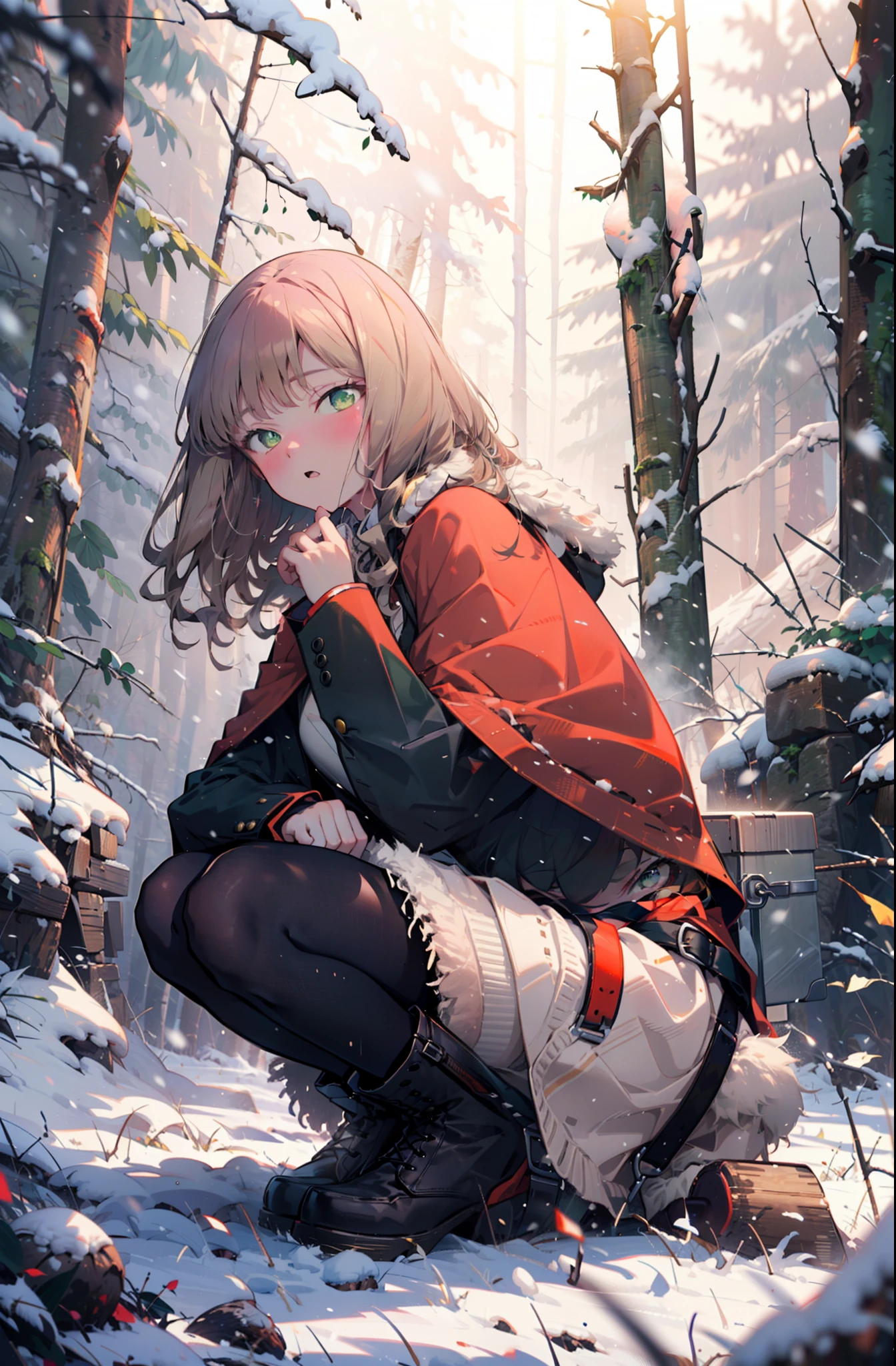 minami yume ,sss Dynazenon ,Long Hair, Brown Hair, (Green Eyes:1.5) ,blush,White Breath,
Open your mouth,snow,Ground bonfire, Outdoor, boots, snowing, From the side, wood, suitcase, Cape, Blurred, forest, White handbag, nature,  Squat, Mouth closed, Cape, winter, Written boundary depth, Black shoes, red Cape break looking at viewer, Upper Body, whole body, break Outdoor, forest, nature, break (masterpiece:1.2), highest quality, High resolution, unity 8k wallpaper, (shape:0.8), (Beautiful and beautiful eyes:1.6), Highly detailed face, Perfect lighting, Extremely detailed CG, (Perfect hands, Perfect Anatomy),