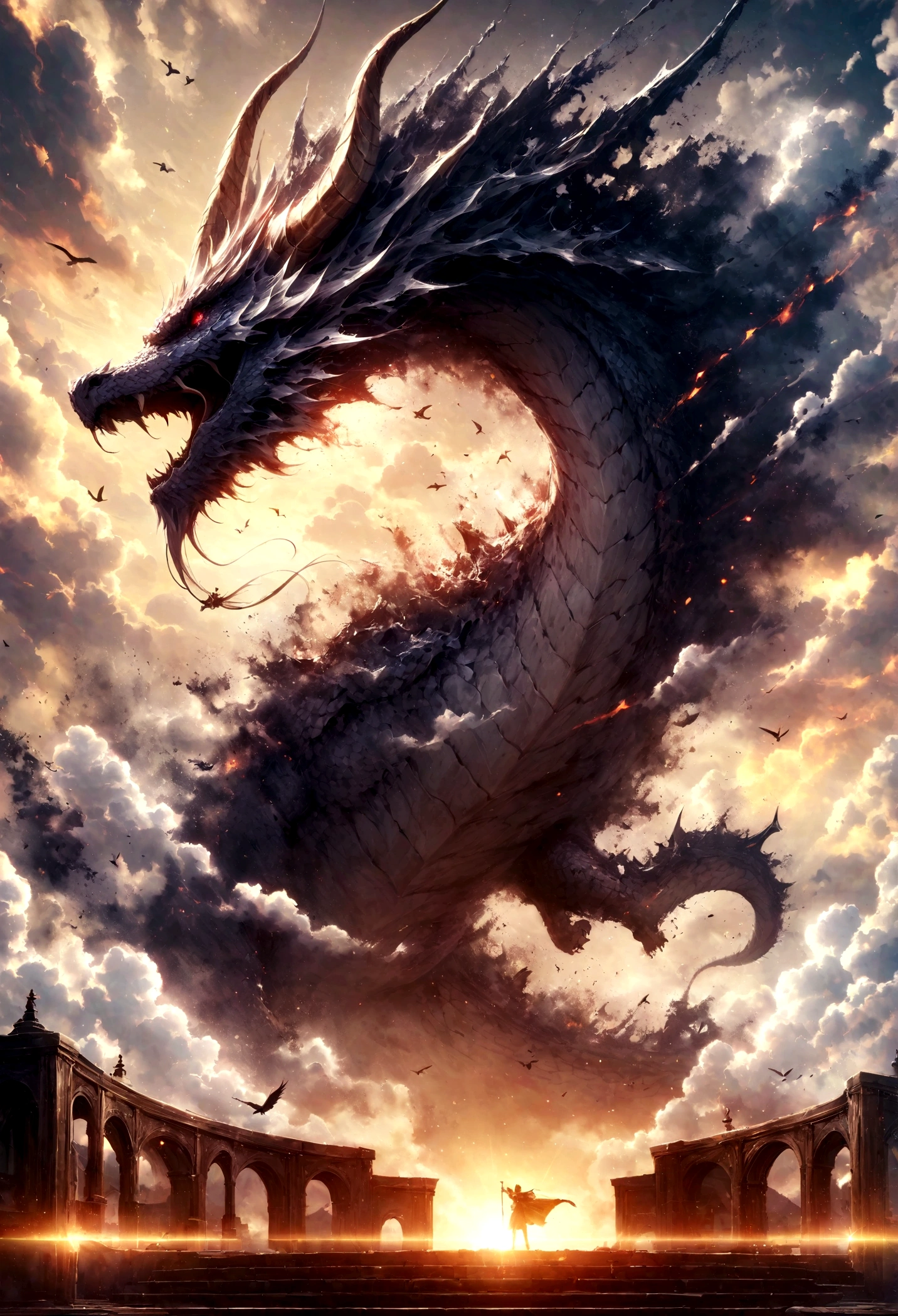 Smoke from the mouth,BJ_Sacred_bdong,red_eye,Outdoor,horn,null,cloud,no_human,bird,cloudy_null,scenery,stage,Fantasy,Dragon,Dragon,Cinema Lighting,Strong contrast,High level of detail,highest quality,masterpiece(レッドDragon:1.5)
