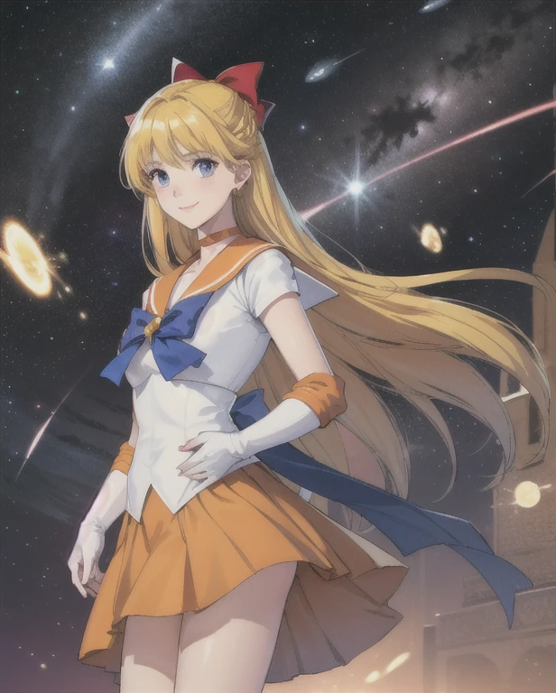 nsfw,((sv1 | Sailor Warrior Uniform | Orange Skirt | Elbow hand pockets | tiara | Orange sailor collar | Red Bow | Orange Choker | White gloves | jewelry | Long Hair | Yellow Hair)), (White and silky skin | Oily skin | Small breasts | Perfect hands | Perfect Arms), (smile | Happy 512 | Good vibes), (Space Background, shooting star, Strong light, Venus, Venus \(planet\), performer, cloud), ((Fee | The magic of light | Spell Magic at Your Fingertips | Style - Swirl Magic)), View Viewer, Cowboy Shot, Dynamic Backgrounds and Angles, Ray Tracing, Exposure Blending, Cinematic Flowers, Deep contrast, Sharp focus, Detailed landscape, Vibrant colors, Realistic, Highly detailed CG Unity 8k wallpaper, High resolution, beautifully、aesthetic, masterpiece, highest quality, Fantasy art, 