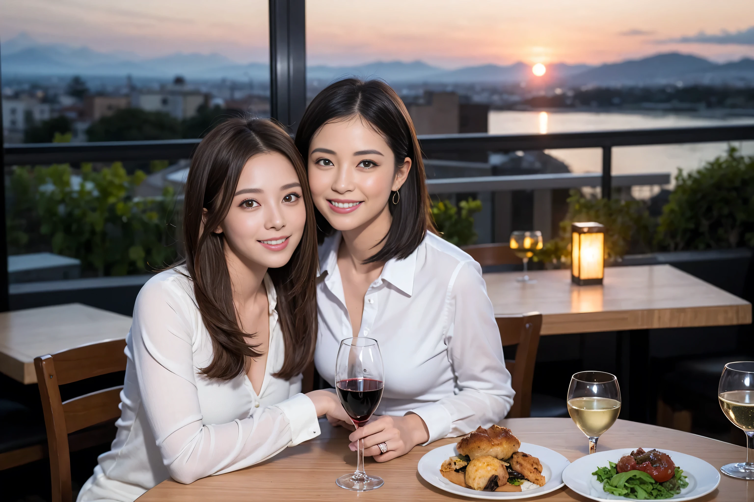 ((highest quality、8k、masterpiece:1.3))、1 male 1 female、Lovers、Satomi Ishihara-like beautiful couple、 (Slim face), (The body is スリム), (Brown Hair), (Shortcuts), ((Bob Hale、Straight hair:1.2)), Wine glass on the table、Please put light on my face、 Amazing view of the sunset sky and clouds、Great smile、Bright image、Shortcuts, (42 years old), 39 years old, red wine 、Appetizers、Italian food、Wine bottle、Champagne、sparkling wine、Long sleeve shirt、dress、restaurant, Nova Frog Style, actress, model, Upper Body, White wine, red wine, wine glass,
