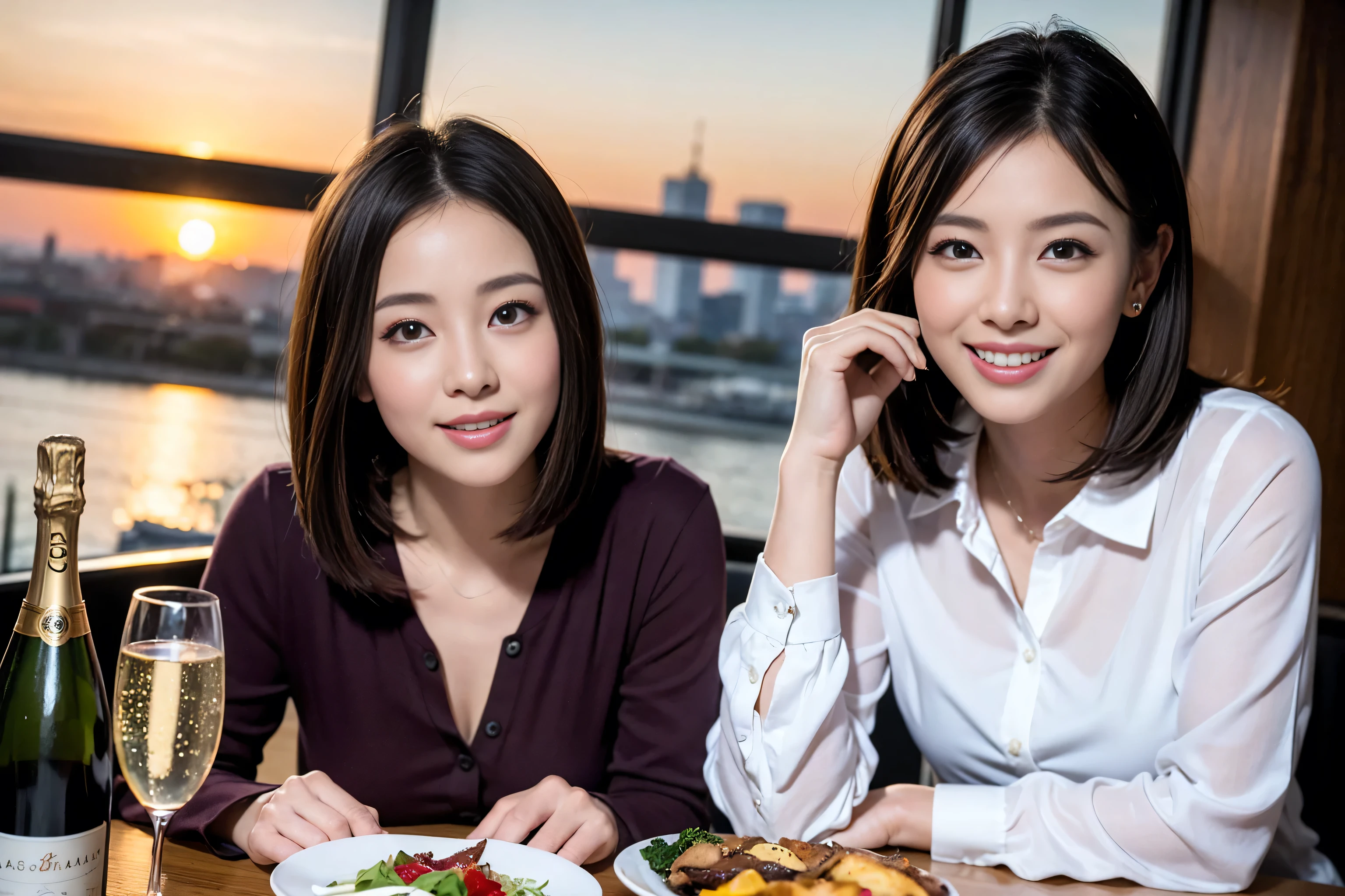 ((highest quality、8k、masterpiece:1.3))、1 male 1 female、Lovers、Satomi Ishihara-like beautiful couple、 (Slim face), (The body is スリム), (Brown Hair), (Shortcuts), ((Bob Hale、Straight hair:1.2)), Wine glass on the table、Please put light on my face、 Amazing view of the sunset sky and clouds、Great smile、Bright image、Shortcuts, (42 years old), 39 years old, red wine 、Appetizers、Italian food、Wine bottle、Champagne、sparkling wine、Long sleeve shirt、dress、restaurant, Nova Frog Style, actress, model, Upper Body, White wine, red wine, wine glass, 