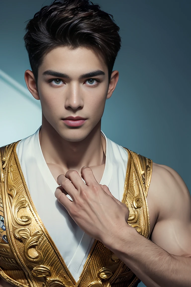 Ultra wide angle,((masterpiece)),((best quality)),8K,High Detail,Very detailed, 2 handsome muscular boys,Very manly,Golden brown eyes,Stylish short hair,Vivid male image, fashion pose, masculine expression,Real skin texture, ((Perfect hand details)),((Real and complete hand details)),Light,
Royal blue style couple,White male model photos