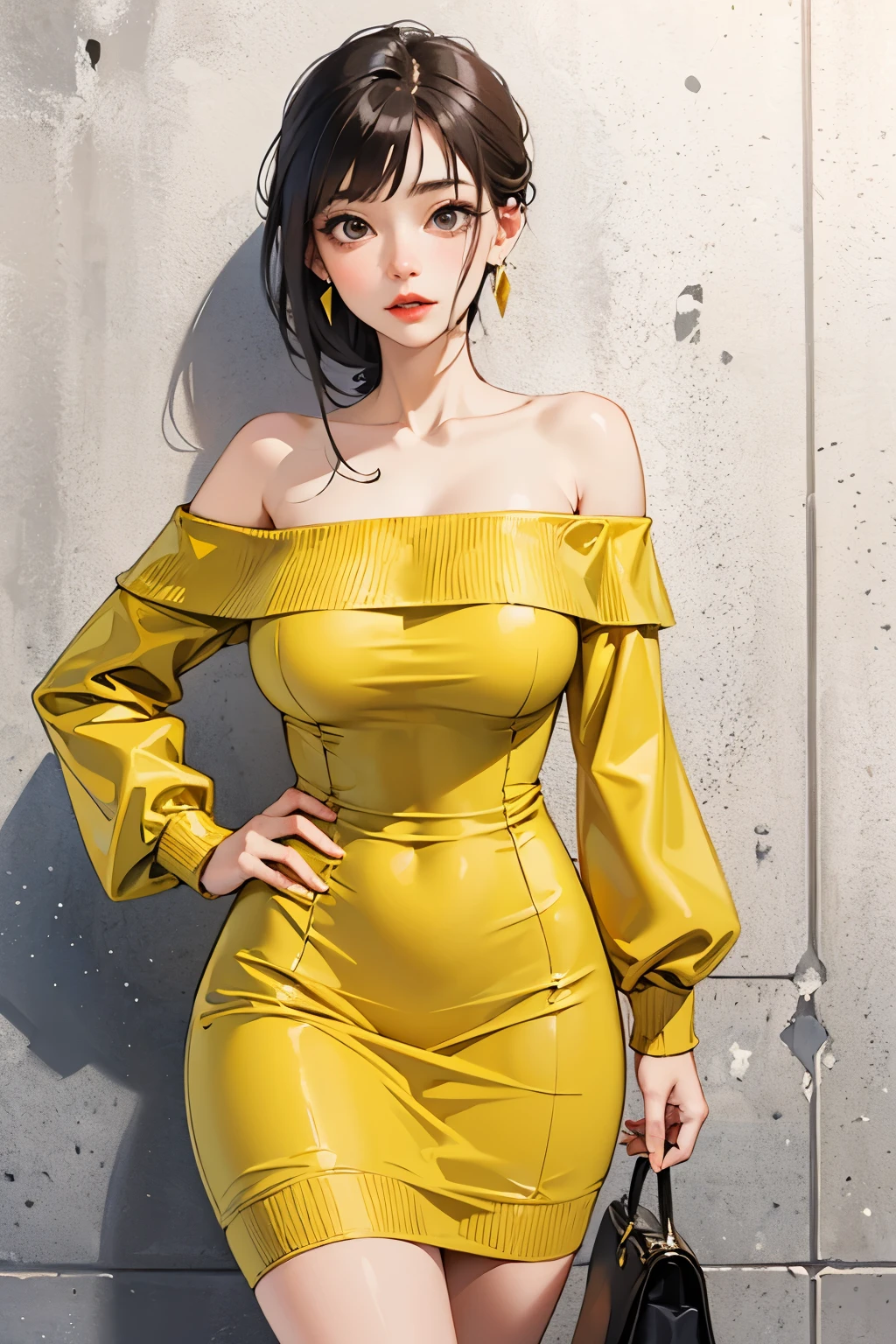 Woman wearing brown off-shoulder dress, earrings, black hair, dynamic movement