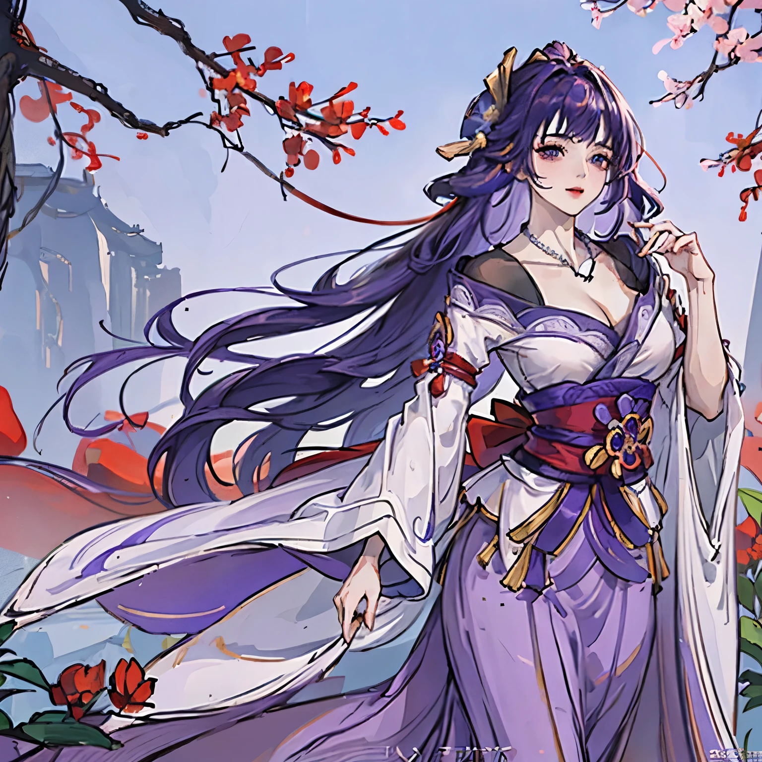 Best quality at best, Ultra-high resolution, (((1 girl))), (Long purple hair), (violet eyes), (Chinese clothes), (((Red Flowers necklace around her neck))), (Ultra Long Skirt), Smile, Hanfu, Yarn, Flowing light yarn, jewelry, (focal), (((Colorful))), particle fx , tmasterpiece, Best quality at best, beautiful painted, meticuloso, highly detailed, (tmasterpiece, Best quality at best) CG unified 8K wallpaper,(( Chinese mansion)), tmasterpiece,Best quality,ultra - detailed), Super HD picture quality