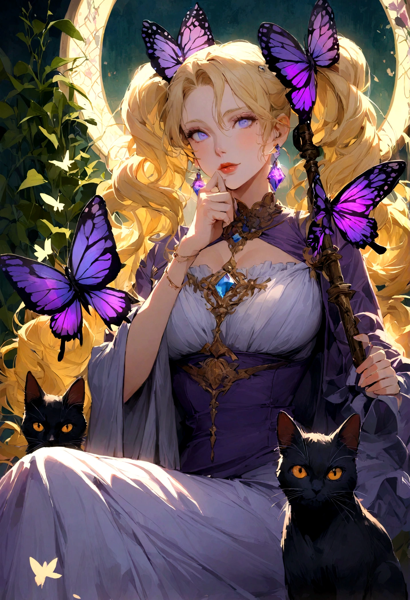(absurdress, hight resolution, overdetalization), 1girl with long twintails yellow blond hair , bang ,white glasses , butterfly crown , blues glow eyes , wavy long smooth hair, beautiful detailed face , earrings , sitting in a field of green plants and flowers , her hand under her chin , stunning and gorgeous mature woman , warm lighting, wearing a Hogwarts uniform purple color , blurry foreground , black cat , Aura float deep purple glow diamond butterfly around , magic effect , Magic Staff , Vision Casting, Philosophical, Iconography, Divination by numbers, Popularity, an artistic, by Alphonse Mucha, sexuality , tarot