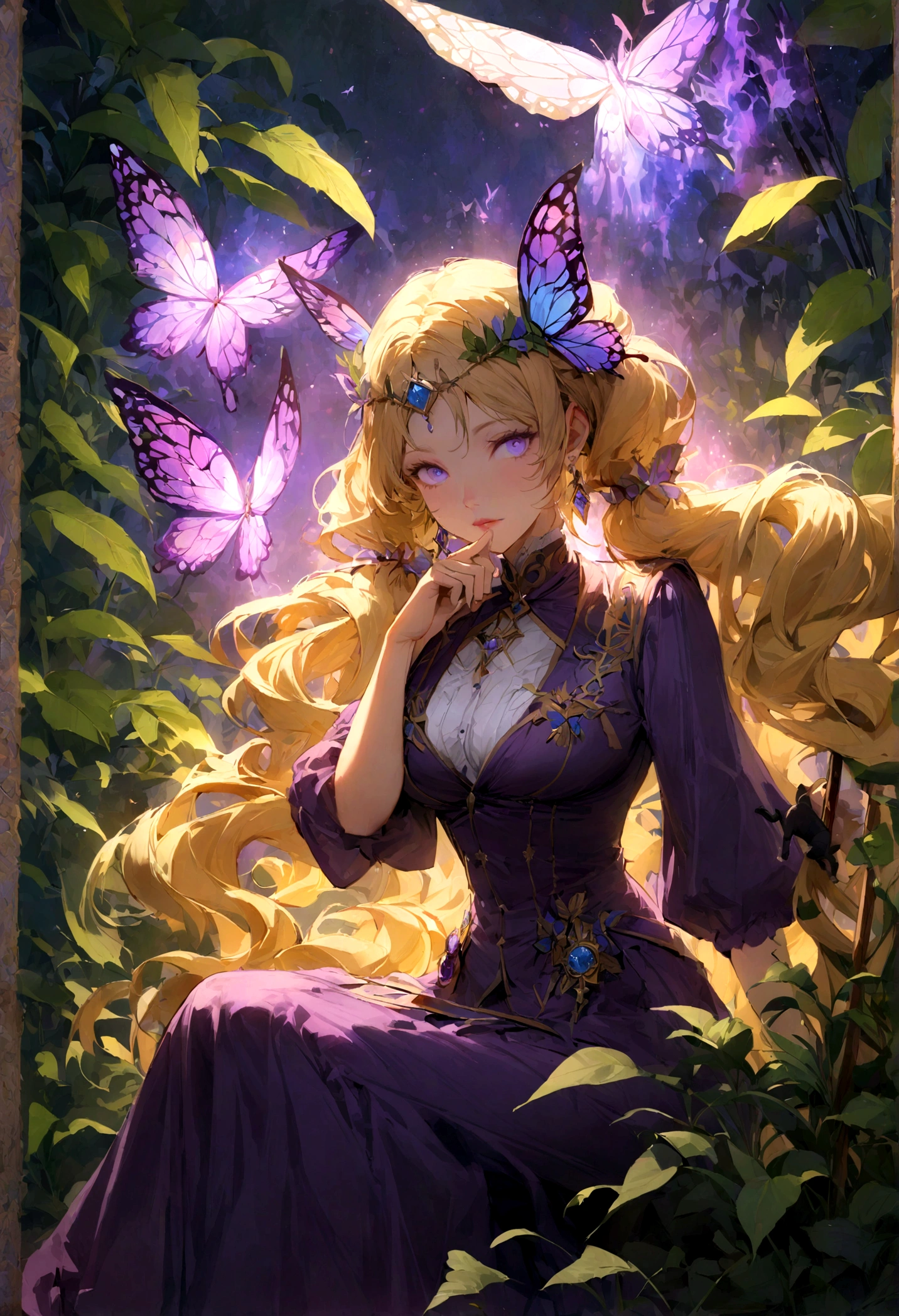 (absurdress, hight resolution, overdetalization), 1girl with long twintails yellow blond hair , bang ,white glasses , butterfly crown , blues glow eyes , wavy long smooth hair, beautiful detailed face , earrings , sitting in a field of green plants and flowers , her hand under her chin , stunning and gorgeous mature woman , warm lighting, wearing a Hogwarts uniform purple color , blurry foreground , black cat , Aura float deep purple glow diamond butterfly around , magic effect , Magic Staff , Vision Casting, Philosophical, Iconography, Divination by numbers, Popularity, an artistic, by Alphonse Mucha, sexuality , tarot