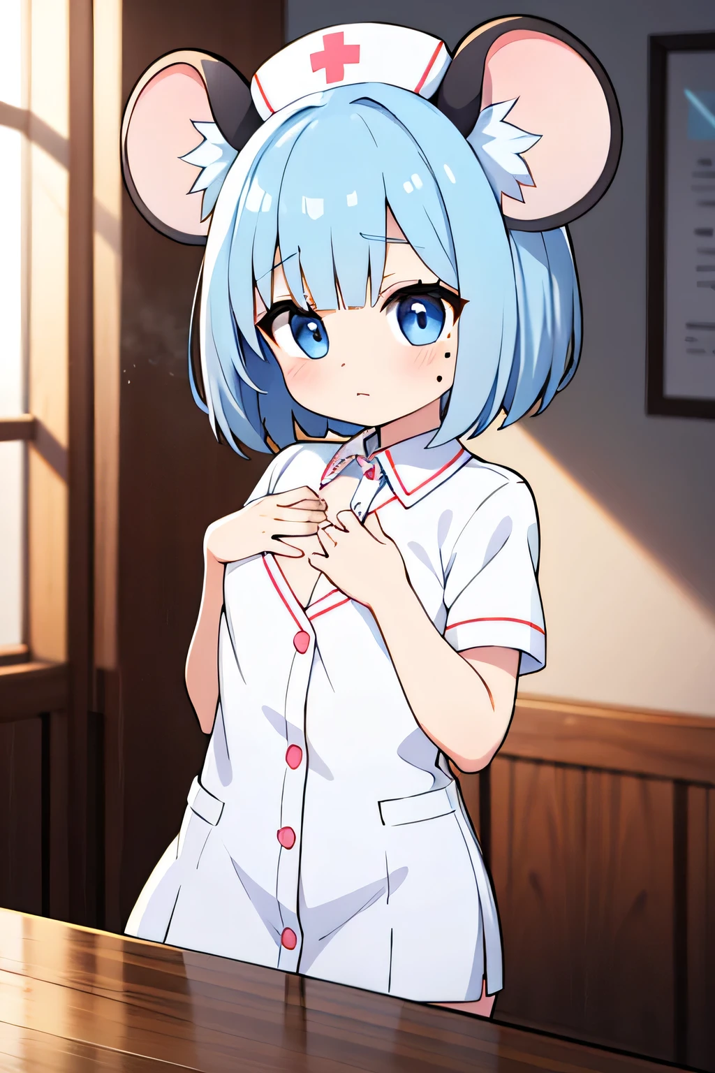 A girl with light blue bob hair and mouse ears, a mole under her eye, palm-sized and sweet, wearing a light blue nurse uniform with frills and a heart-shaped opening on the chest.