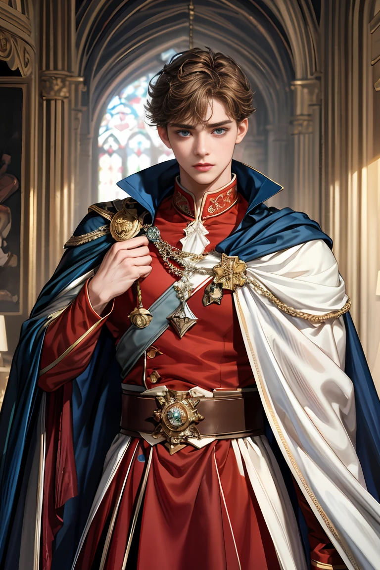 
masterpiece, 最high quality, high quality, 1 boy, alone, Male focus, Watching the audience,  Messy brown hair, Adorable big blue eyes, White, Noble, Noble, Sexy voluminous cape、A very voluminous, large, very large, very large, long, long red and black cape with a high stand-up collar, reaching down to the floor, made of a lot of fabric., 17 years old,Cute beautiful boys,Cute, cute, kind, handsome guy