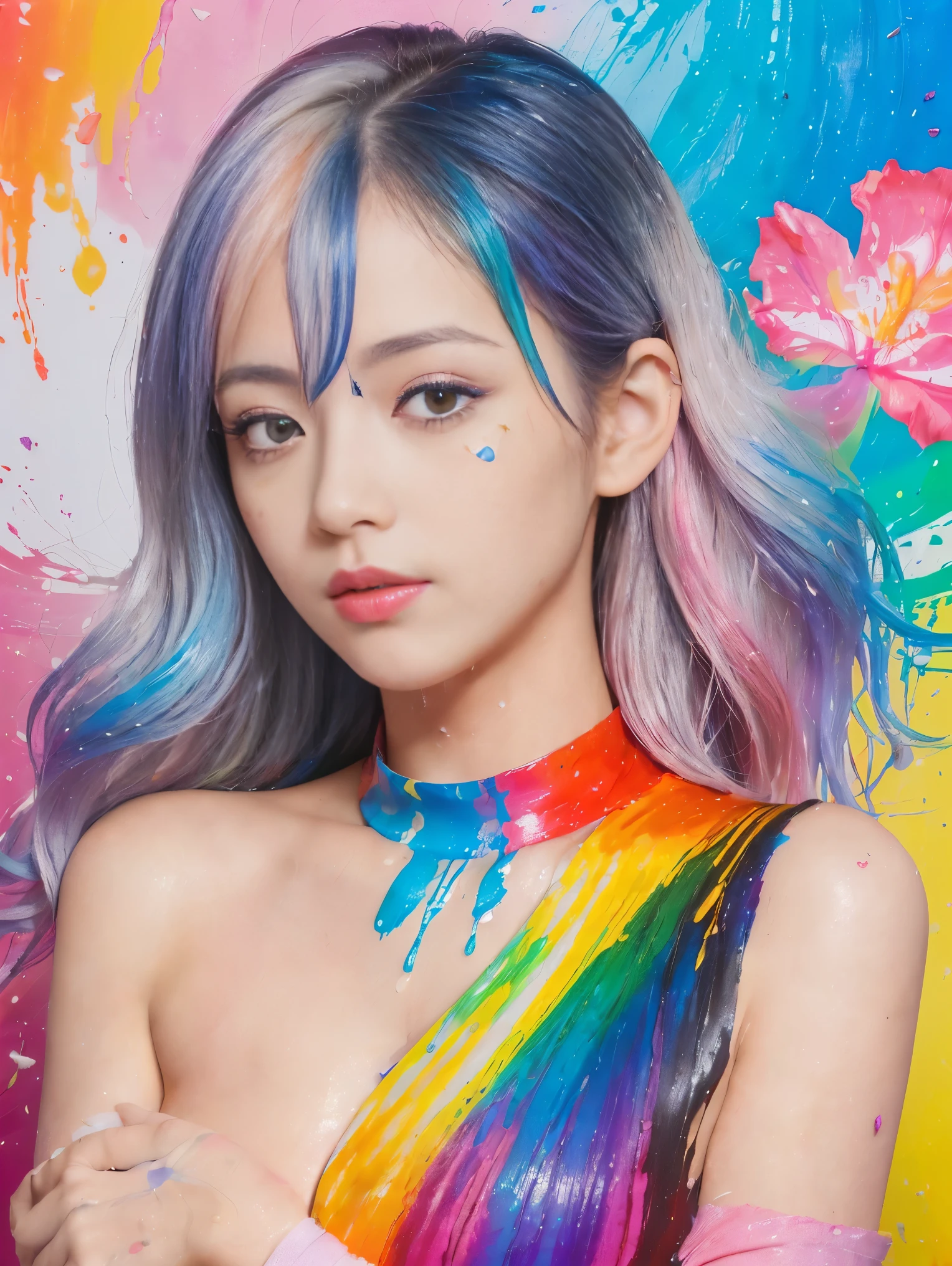 （Pink Fashion T-Shirt：1.9），(colorfulな髪: 1.8), (All the colors of the rainbow: 1.8),(((((vertical painting：1.6))), （painting：1.6），front, comics, figures, paintings, Big eyes, Clear eyes,（ Rainbow gradient high ponytail：1.7）, Exquisite makeup, Mouth closed,(Small Fresh: 1.5),(Wipe the chest: 1.6) ，Long eyelashes, White off-the-shoulder T-shirt, White shoulder shirt，Looking at the audience, Big teary eyes, (Rainbow Hair：1.6), カラーsplash, （alone：1.8）, カラーsplash, An explosion of colors, thick paint style, Messy Lines, ((The Shining))，(colorful), (colorful), (colorful), colorful, Thick paint Style, (splash) (Color splash), Vertical painting, Upper Body, paint splash, Acrylic Pigments, Slope, paint, Best image quality, highest quality, masterpiece, alone, Depth of written boundary, Face paint, colorful clothes, (elegant: 1.2), nice,Long Hair, Wind, (elegant: 1.3), (petal: 1.4)，(((masterpiece))),(((highest quality))),((Super detailed)),(figure),(Dynamic Angle),((floating)),(paint),((Disheveled Hair)),(alone),(One girl) , (((Detailed anima face))),((Beautifully detailed face)),collar,Exposing shoulders,Gray Hair, ((colorful hair)),((Striped Hair)),Beautiful fine details,(Slope color eyes),(((colorful eyes))),(((colorful background))),(((High chroma))),(((surrounded by colorful splashes))),