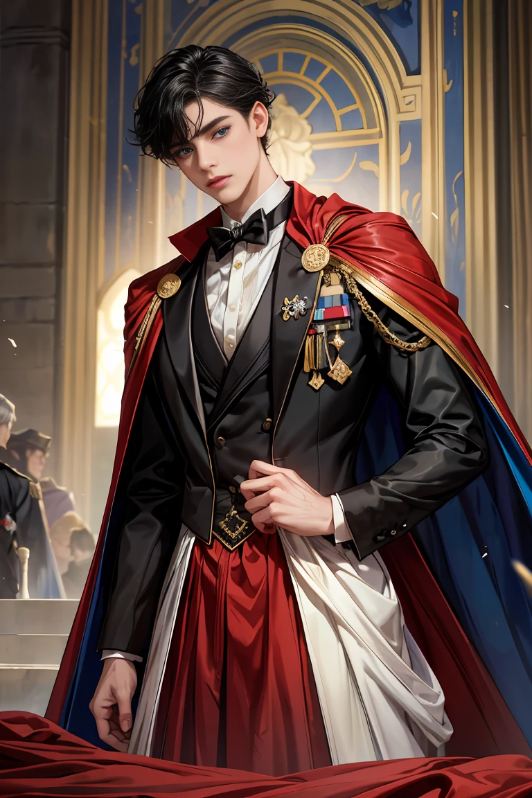 masterpiece, 最high quality, high quality, 1 boy, alone, Male focus, Watching the audience, Messy black hair, Adorable big blue eyes, White, Noble, Noble,Sexy voluminous cape、Tuxedo、A very voluminous, large, very large, very large, long, long red and black cape with a high stand-up collar, reaching down to the floor, made of a lot of fabric., ,Cute beautiful boys,Cute, cute, kind, handsome guy