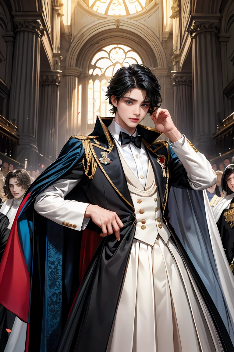 masterpiece, 最high quality, high quality, 1 boy, alone, Male focus, Watching the audience, Messy black hair, Adorable big blue eyes, White, Noble, Noble,Sexy voluminous cape、Tuxedo、A very voluminous, large, very large, very large, long, long red and black cape with a high stand-up collar, reaching down to the floor, made of a lot of fabric., 17 years old,Cute beautiful boys,Cute, cute, kind, handsome guy
