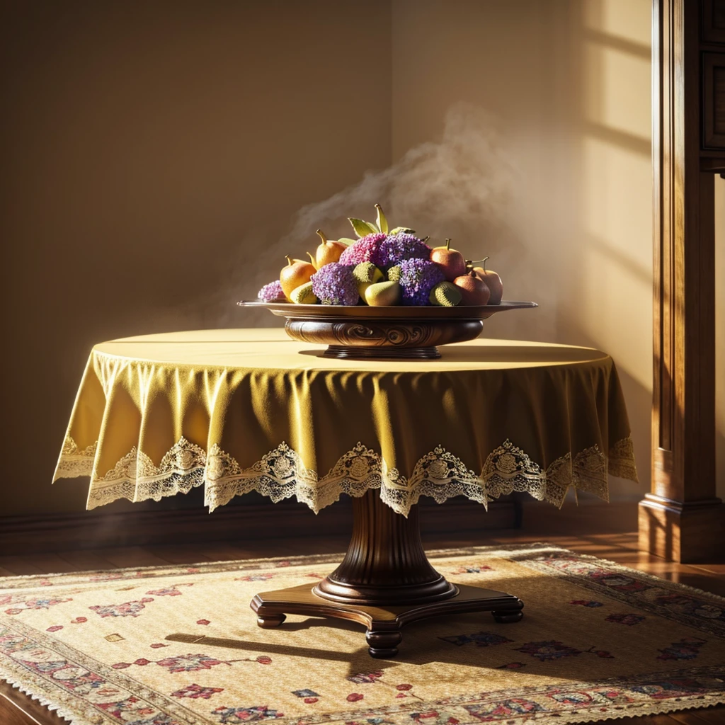 golden plate with different fruits, a cute little fluffy bird sits on them, standing on a lace tablecloth, Dreamy, fog,
flowers, lace tablecloth, Ultra HD, realism, bright colors, high detail, pen and ink, perfect composition, beautiful detailed complex insanely detailed octane render, trending on artstation, 8K Fine Art Photography, photorealistic concept art, soft natural volumetric cinematic perfect light
