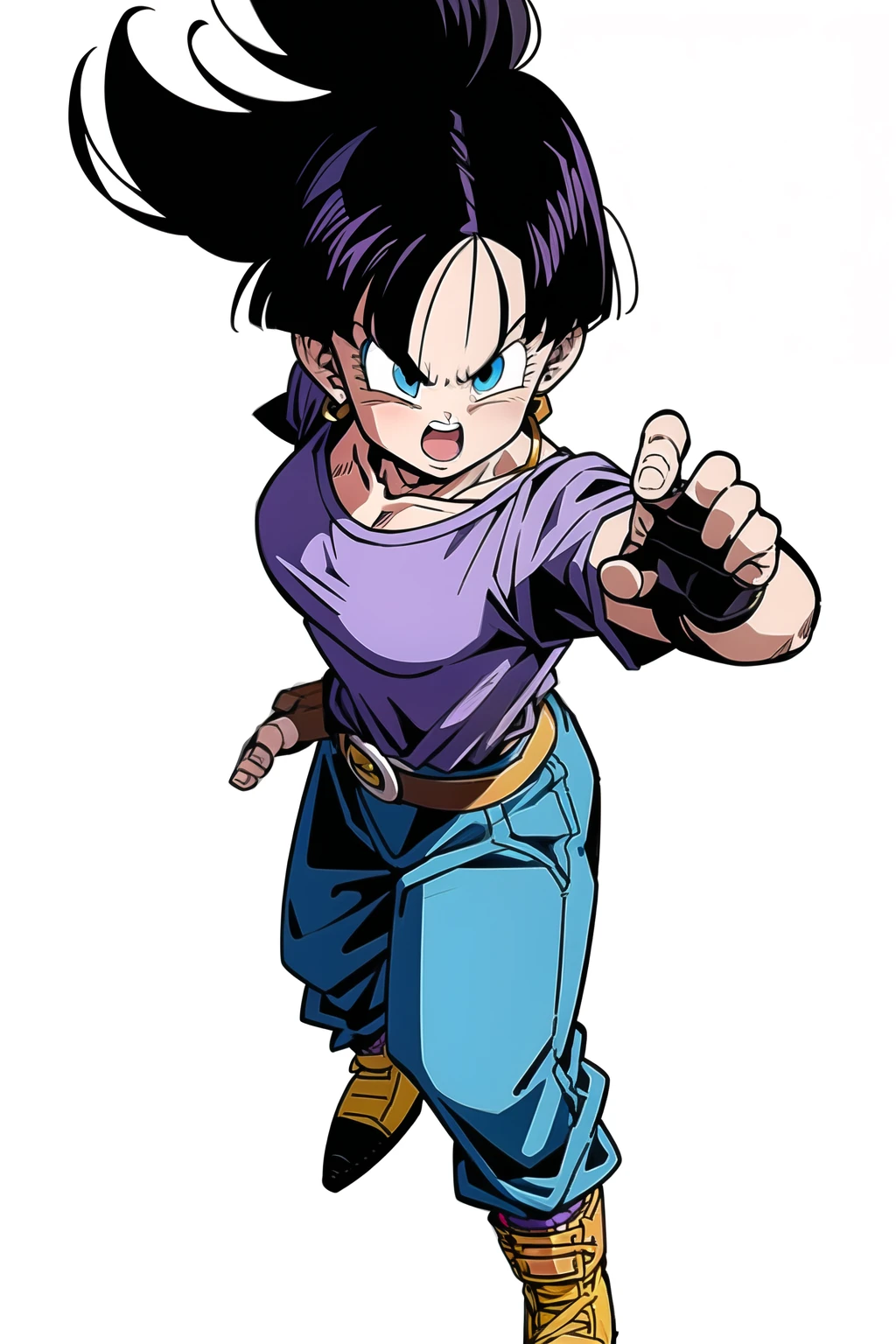 videl dbz, alone, Brown eyes, Black Hair, One girl, Simple Background, White Background, Combat Stance, Semi-long hair, Purple Hair, Long shirt, Purple shirt, Blue Belt, Yellow footwear, anger, From above, Hollow, Fingerless gloves, boots, badge, teeth, Open your mouth, Brown gloves, socks, eyelash, V-shaped eyebrows, Baggy pants,