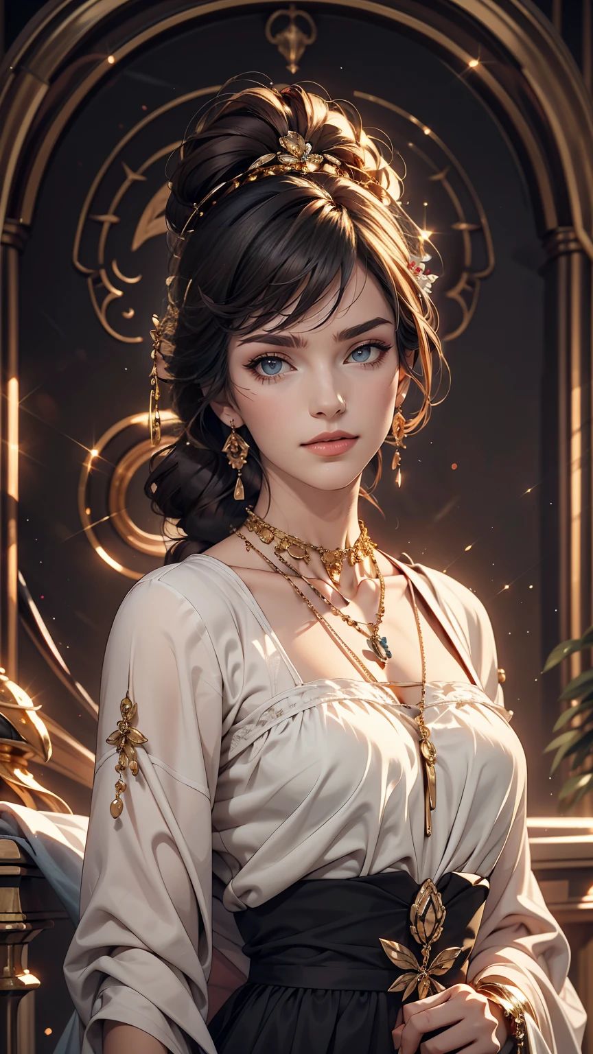masterpiece,One girl,alone, A light smile, Metal Necklace, White shirt, Modern , accessories, Purple and black two-tone hair color, Unique Hairstyles, stylish, Gold background