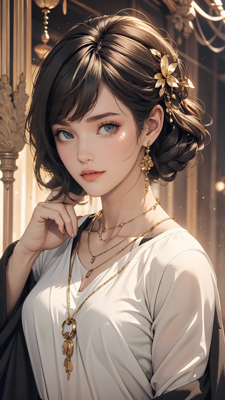 masterpiece,One girl,alone, A light smile, Metal Necklace, White shirt, Modern , accessories, Purple and black two-tone hair color, Unique Hairstyles, stylish, Gold background
