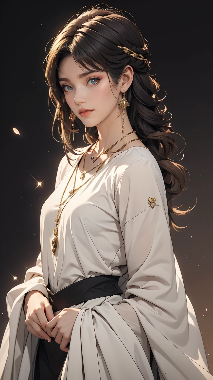 masterpiece,One girl,alone, A light smile, Metal Necklace, White shirt, Modern , accessories, Purple and black two-tone hair color, Unique Hairstyles, stylish, Gold background