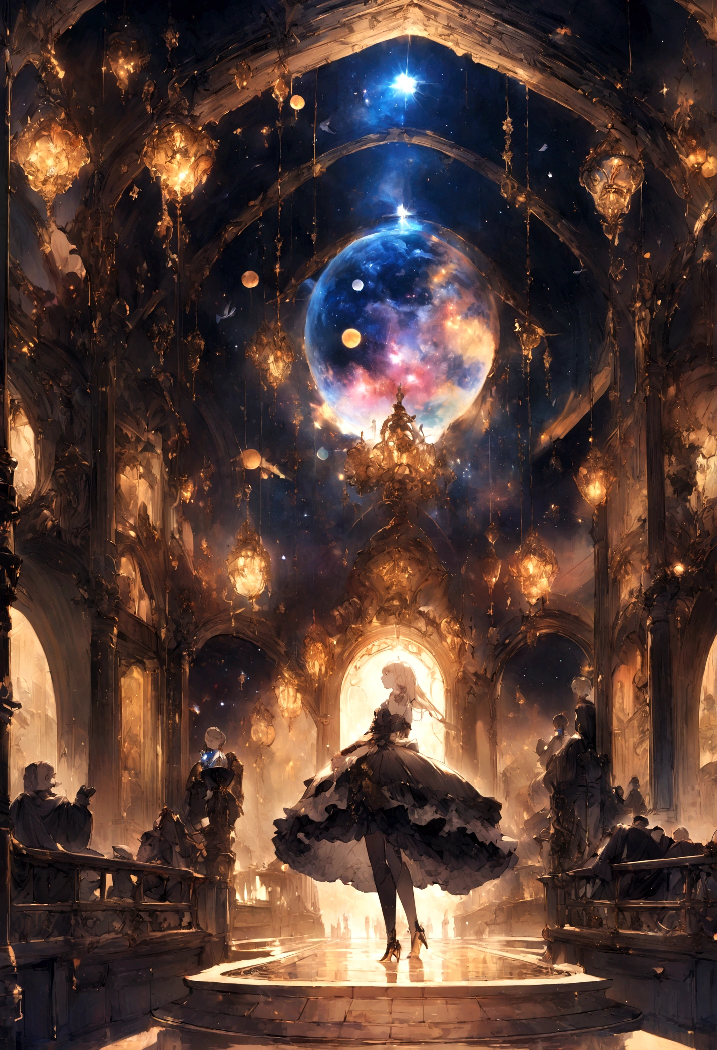{
"prompt": "An opulent space vessel with elegantly dressed figures in historical attire gazing out at the vastness of space. The figures stand by large windows, observing the distant stars, planets, and spaceships. The interior of the vessel is richly decorated, combining elements of classical elegance with advanced technology. The scene conveys a sense of exploration and wonder, blending the grandeur of a royal court with the vastness of the cosmos.",
"size": "1024x1024"
}